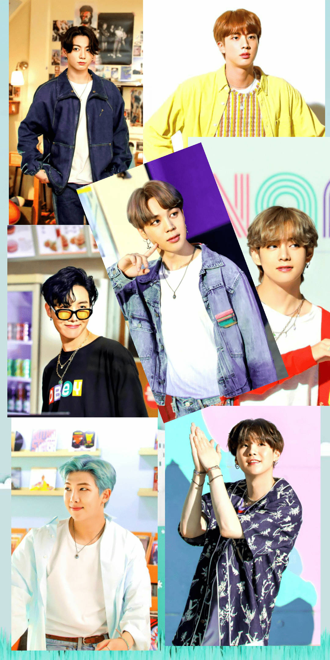 bts group cute 桌布 壁紙 — 一幅充滿活力的拼貼畫，六位年輕男子穿著色彩繽紛的休閒服裝，在各種室內環境中擺姿勢，背景明亮。