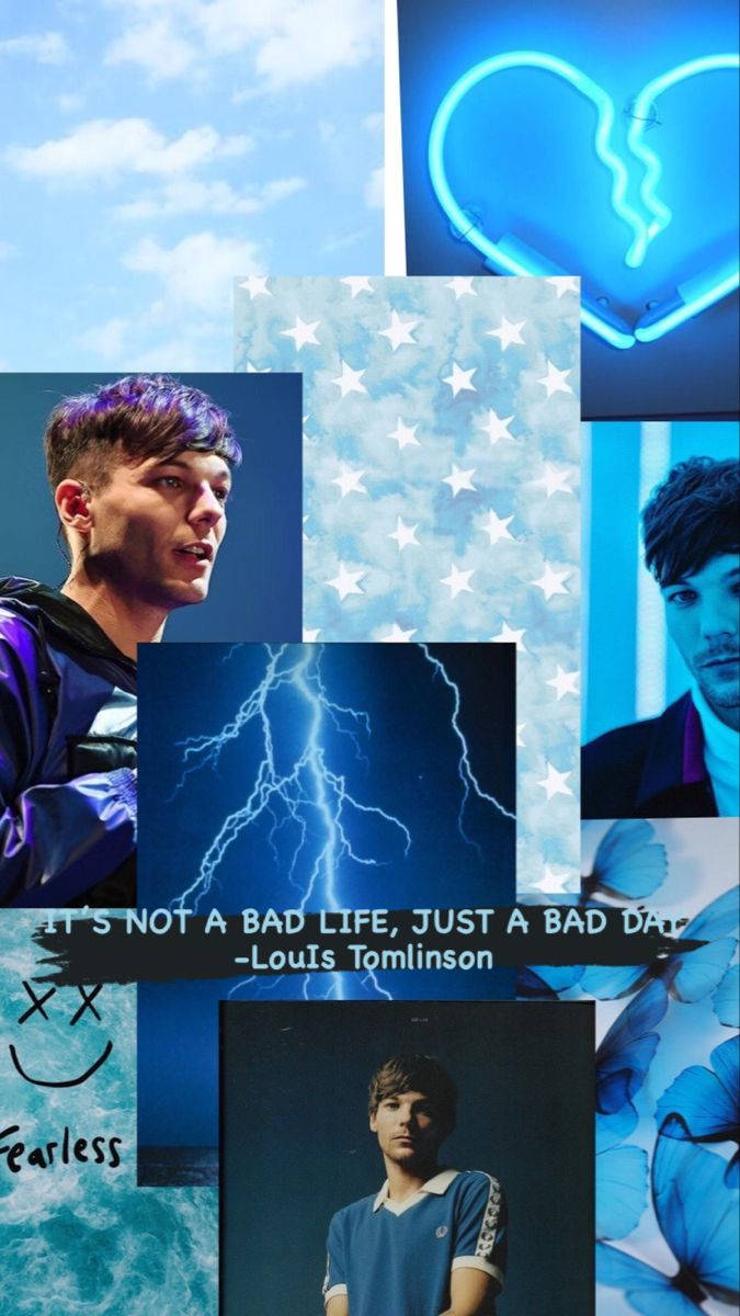 哈利·史泰爾斯 桌布 壁紙 — 一幅充滿活力的拼貼畫，包含 Louis Tomlinson 的照片、破碎的霓虹心、閃電、蝴蝶和星星，背景是藍天。
