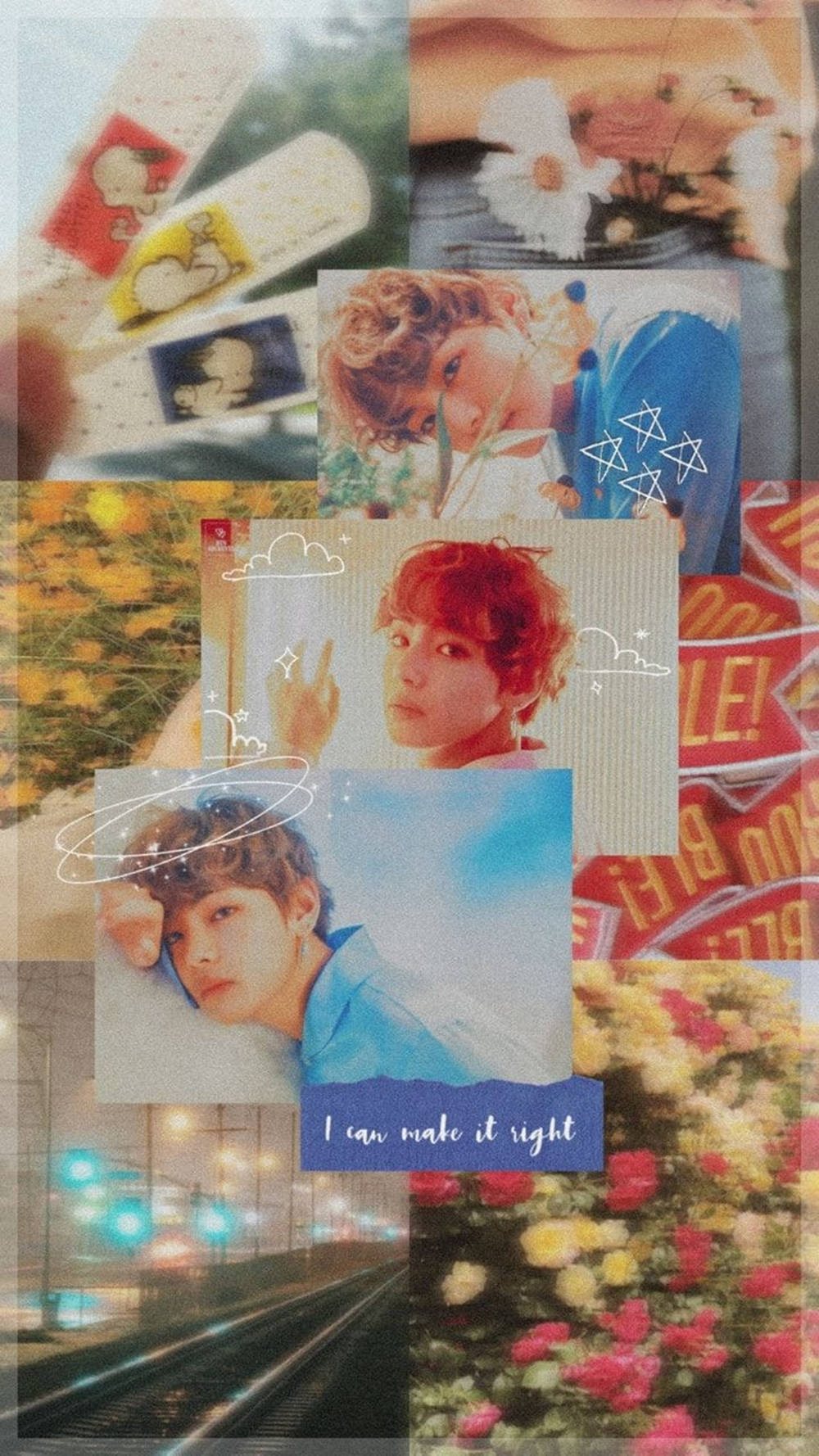 Kpop Aesthetic 桌布 壁紙 — 一幅充滿活力的拼貼畫，包含BTS照片、花朵、繃帶和地鐵場景，並有手寫文字和塗鴉。