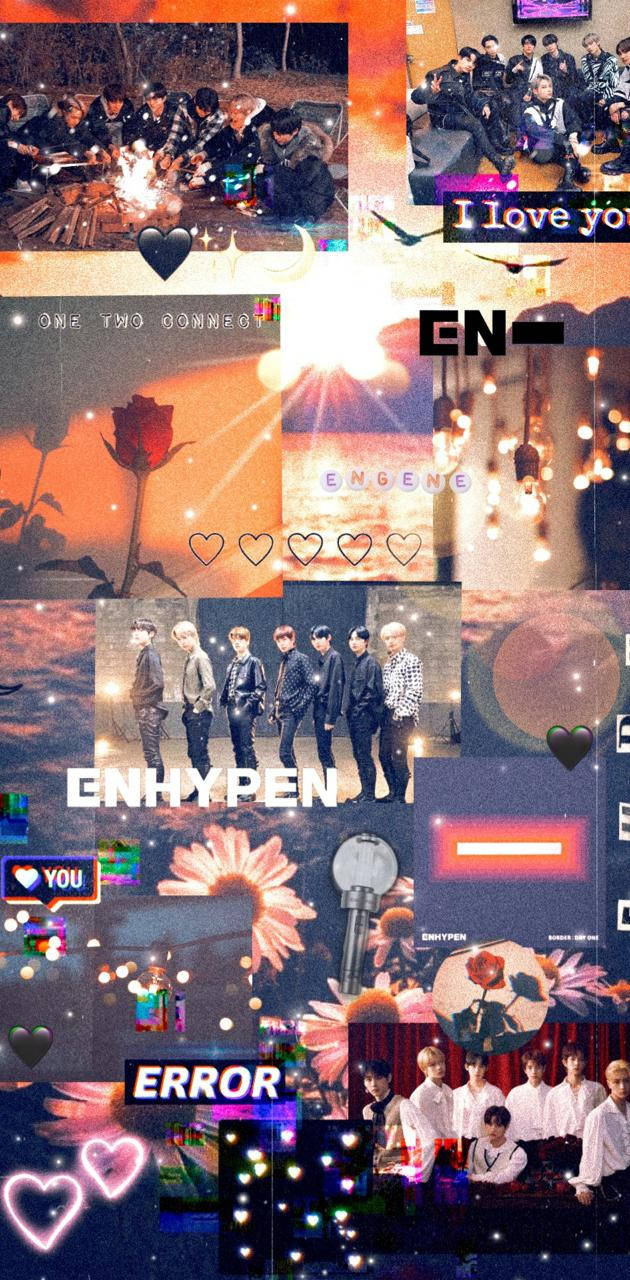 Enhypen Aesthetic 桌布 壁紙 — 一幅充滿活力的拼貼畫，包含ENHYPEN照片、愛心、玫瑰和溫暖色調的發光燈光。