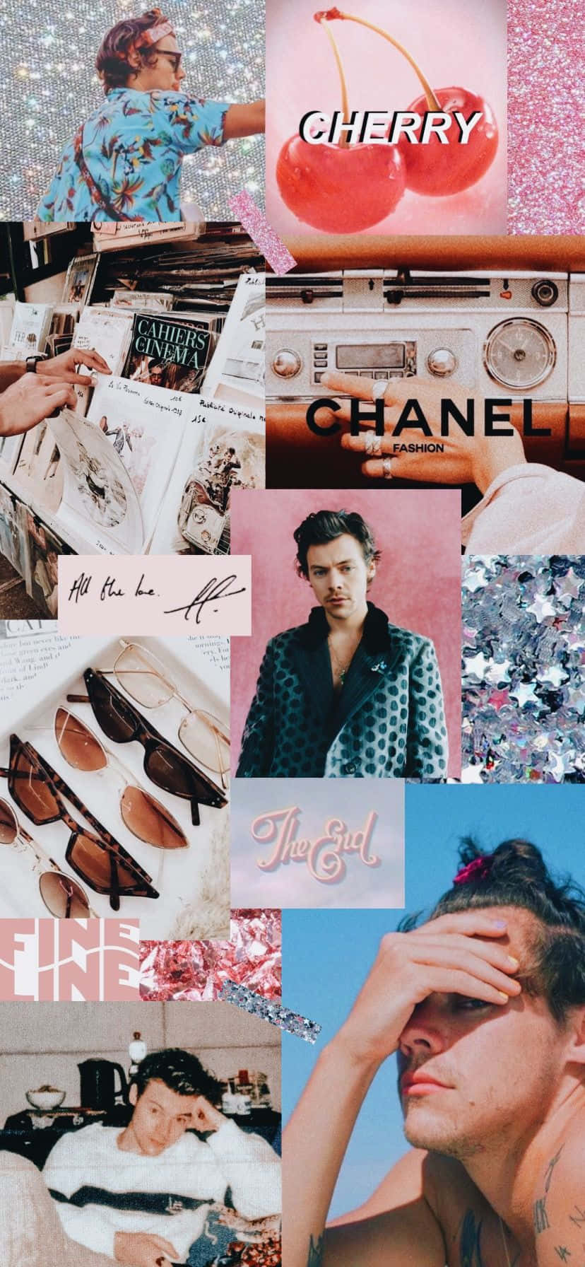 Harry Styles Collage 桌布 壁紙 — 一幅充滿活力的拼貼畫，包含Harry Styles的照片、時尚單品和文字元素，採用閃亮的粉紅色和藍色美學。