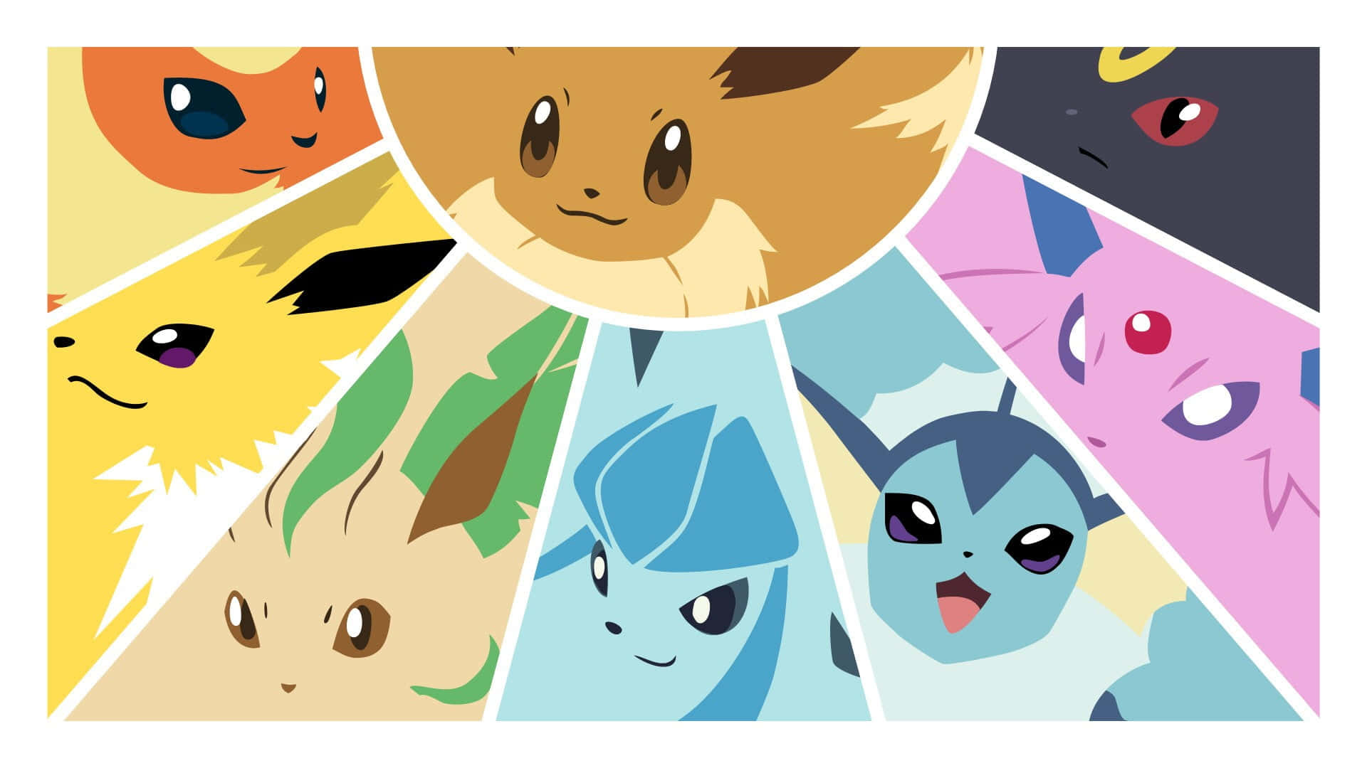 Pokemon Characters 桌布 壁紙 — 一幅充滿活力的拼貼畫，包含七個寶可夢角色，以色彩繽紛的三角形區塊呈現，表情豐富。