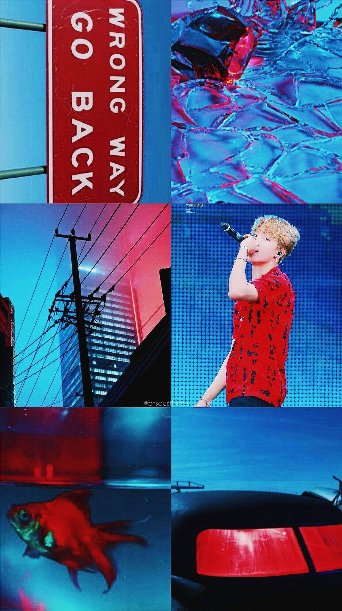 Jimin Aesthetic 桌布 壁紙 — 一幅充滿活力的拼貼畫，包含六個不同的場景，包括紅色標誌、發光的冰塊、歌手、城市景觀、金魚和帶有醒目紅色和藍色照明的汽車。