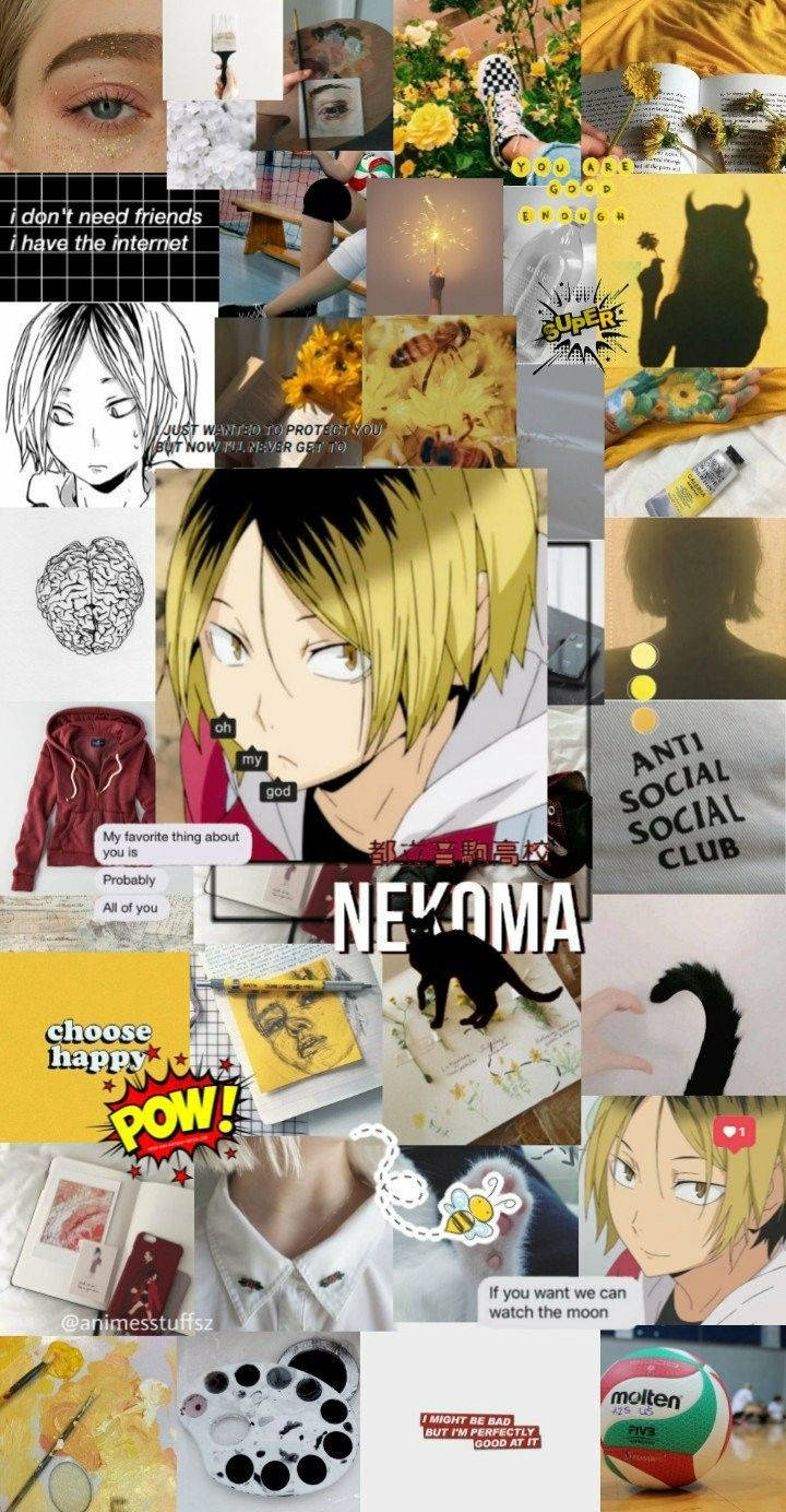 動漫男孩 桌布 壁紙 — 一幅充滿活力的拼貼畫，包含動漫角色、美術用品、勵志名言和個人物品，營造出年輕創意的氛圍。