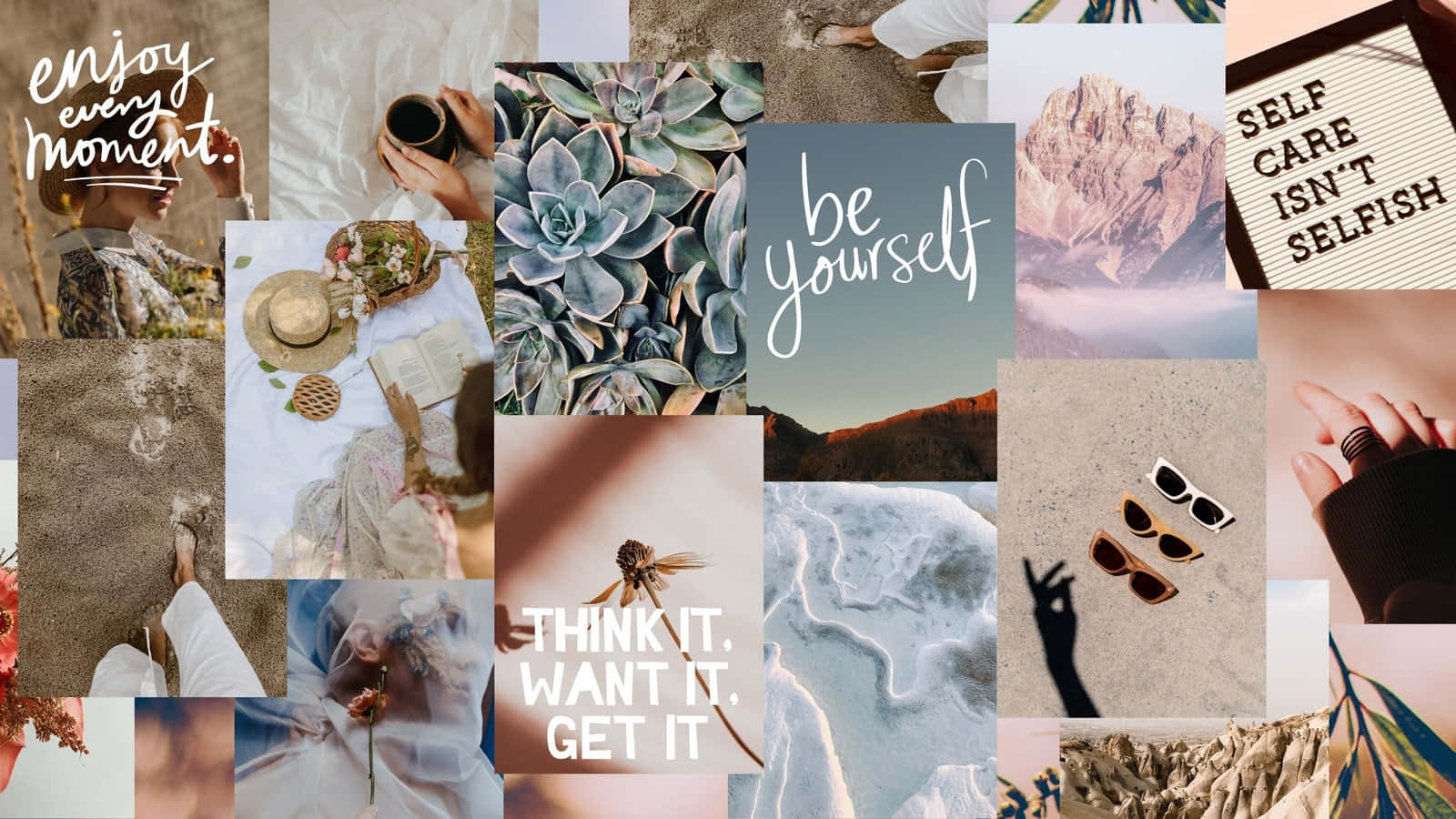 Cool Collage 桌布 壁紙 — 一幅充滿活力的拼貼畫，包含勵志名言和寧靜的自然場景，以多肉植物、山脈和海灘時刻為特色。