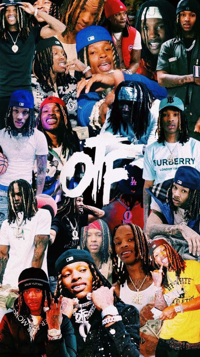 Rapper Collage 桌布 壁紙 — 一幅充滿活力的拼貼畫，包含多張說唱歌手Offset在不同姿勢和服裝中的圖片，並疊加粗體白色塗鴉風格文字。