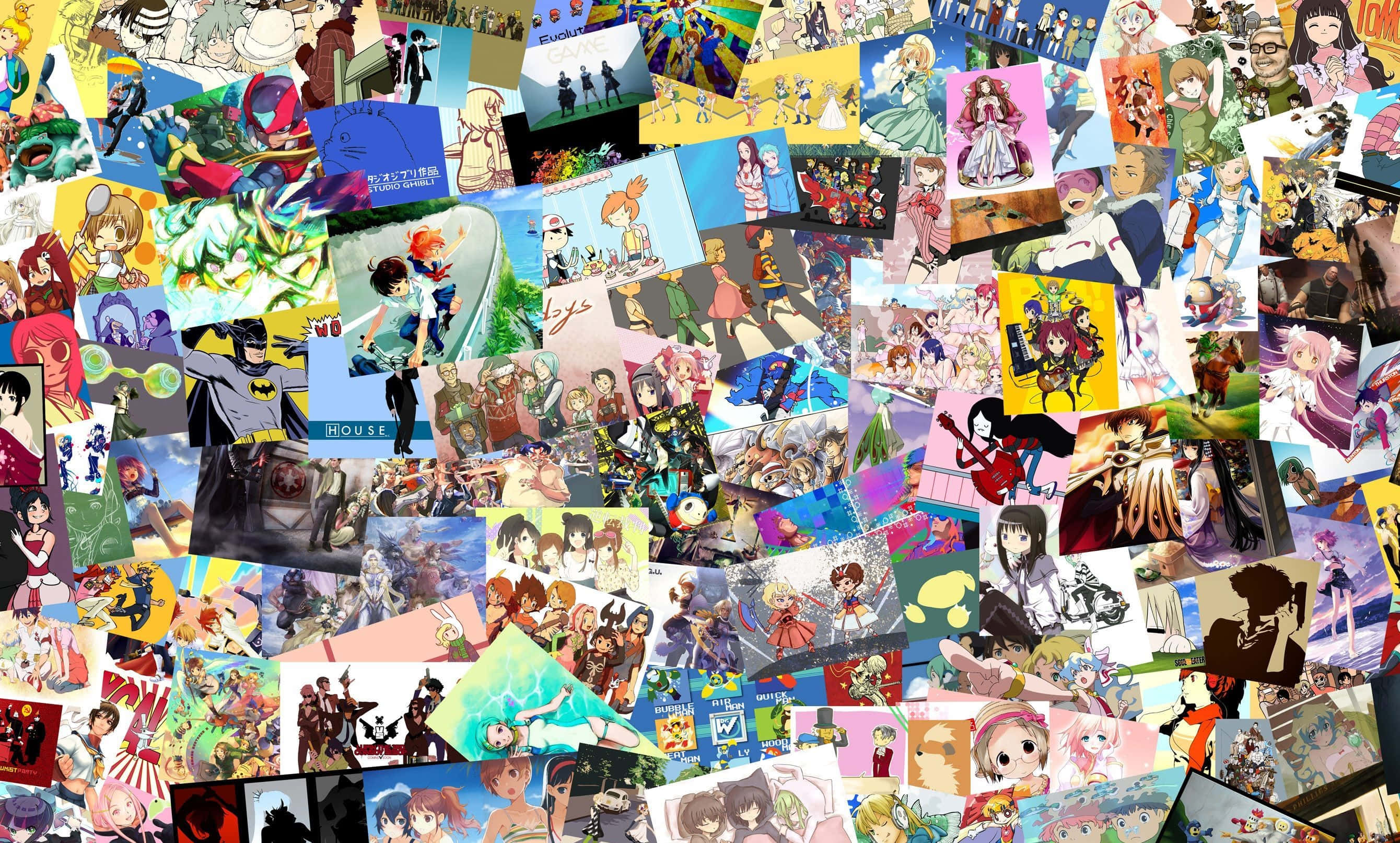 Anime Collage 桌布 壁紙 — 一幅充滿活力的拼貼畫，包含多種藝術風格和鮮豔色彩的動漫角色插圖及漫畫分鏡。
