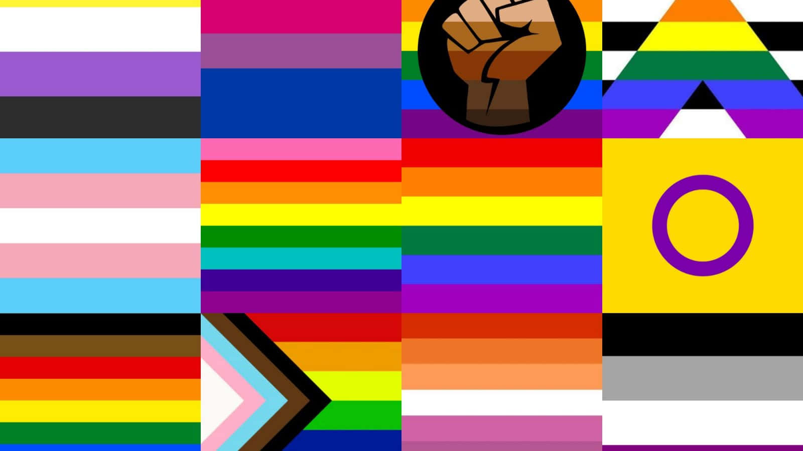 Pride Flag 桌布 壁紙 — 一幅充滿活力的拼貼畫，包含多種驕傲旗幟，包括彩虹條紋、舉起的拳頭和大膽色彩的幾何符號。