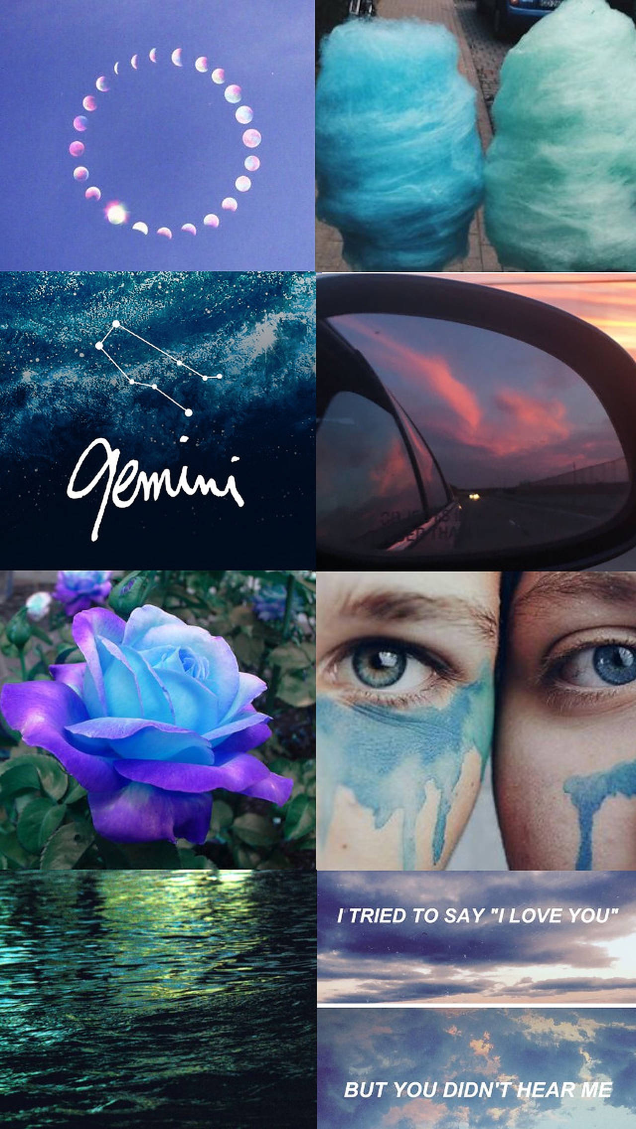 gemini 桌布 壁紙 — 一幅充滿活力的拼貼畫，包含天體月相、棉花糖、雙子座、車鏡日落、藍玫瑰、繪畫眼睛、水波紋和詩意文字。