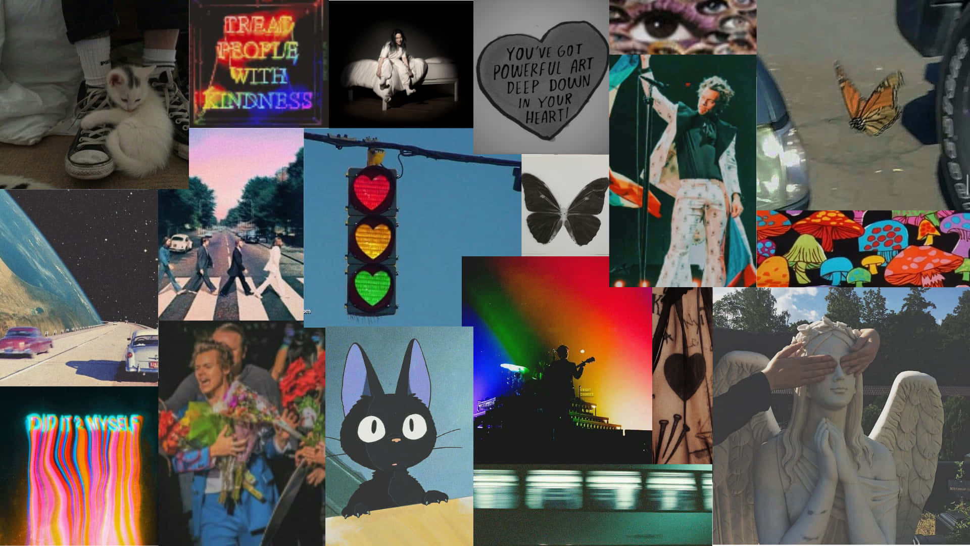 Aesthetic Grunge Laptop 桌布 壁紙 — 一幅充滿活力的拼貼畫，包含小貓、霓虹燈、蝴蝶、交通號誌、動漫貓和用手遮住眼睛的雕像等折衷圖像。