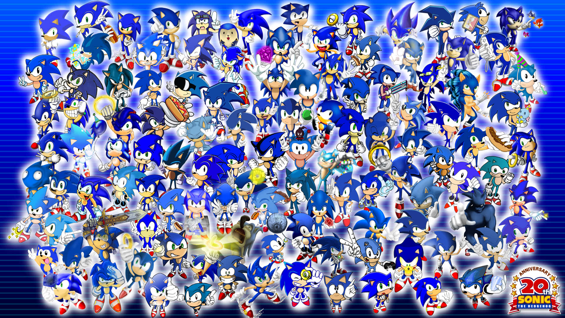Sonic Fan Art 桌布 壁紙 — 一幅充滿活力的拼貼畫，包含數百個音速小子角色，以各種姿勢和服裝呈現在發光的藍色背景上。