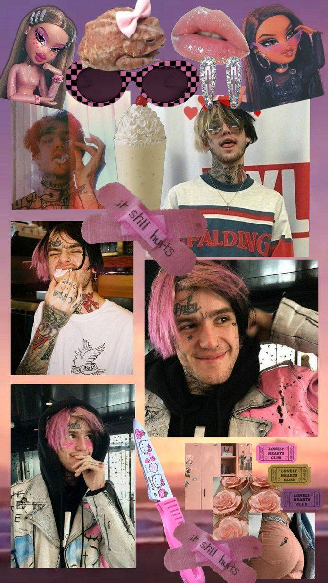 lil peep 動態圖 桌布 壁紙 — 一幅充滿活力的拼貼畫，包含流行文化圖標和粉紅色主題物品，包括紋身、粉紅色頭髮和Hello Kitty商品。
