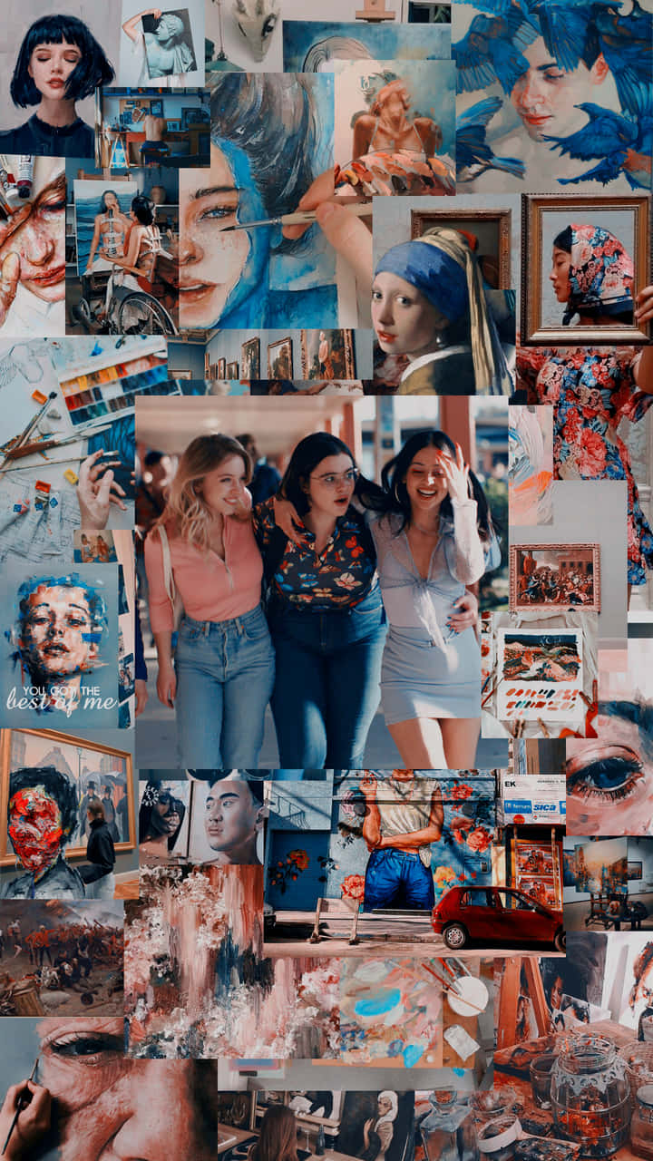 Euphoria Hbo iPhone 桌布 壁紙 — 一幅充滿活力的拼貼畫，包含藝術作品、肖像和照片，以藍色調和富有表現力的面孔為特色，形成創意馬賽克。