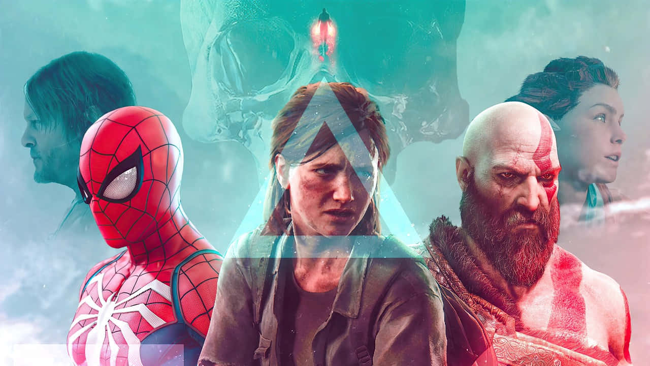Ps5 Games 桌布 壁紙 — 一幅充滿活力的拼貼畫，包含蜘蛛人和克雷多斯等標誌性電子遊戲角色，背景為發光的青綠色和紅色抽象圖案。