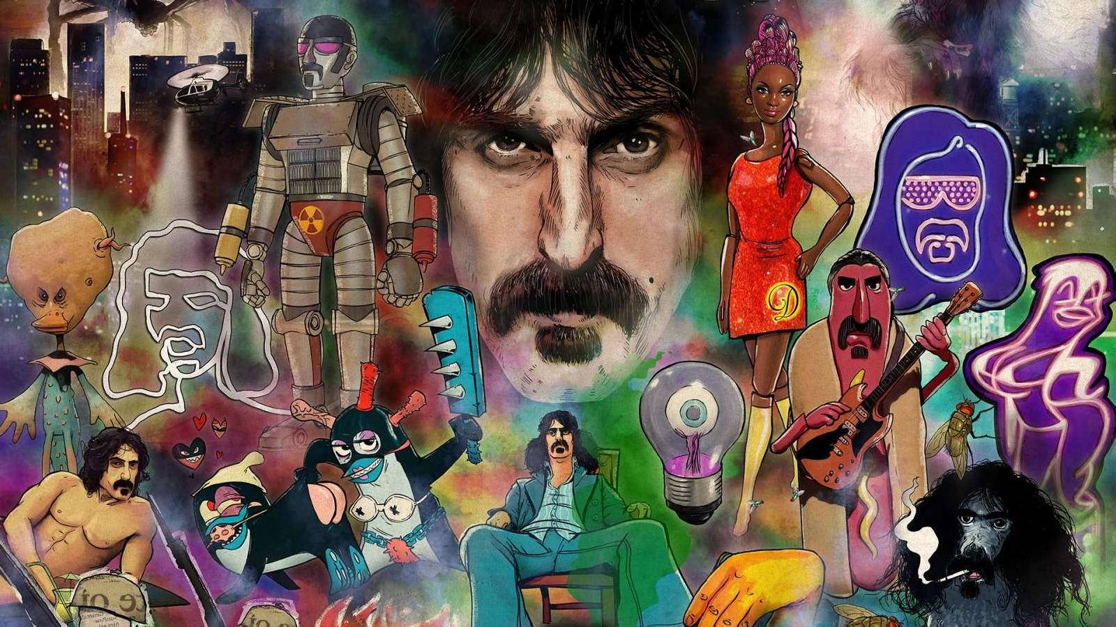 Zappa 桌布 壁紙 — 一幅充滿活力的拼貼畫，包含超現實流行文化圖標，包括機器人、音樂家和卡通人物，背景是霓虹城市景觀。