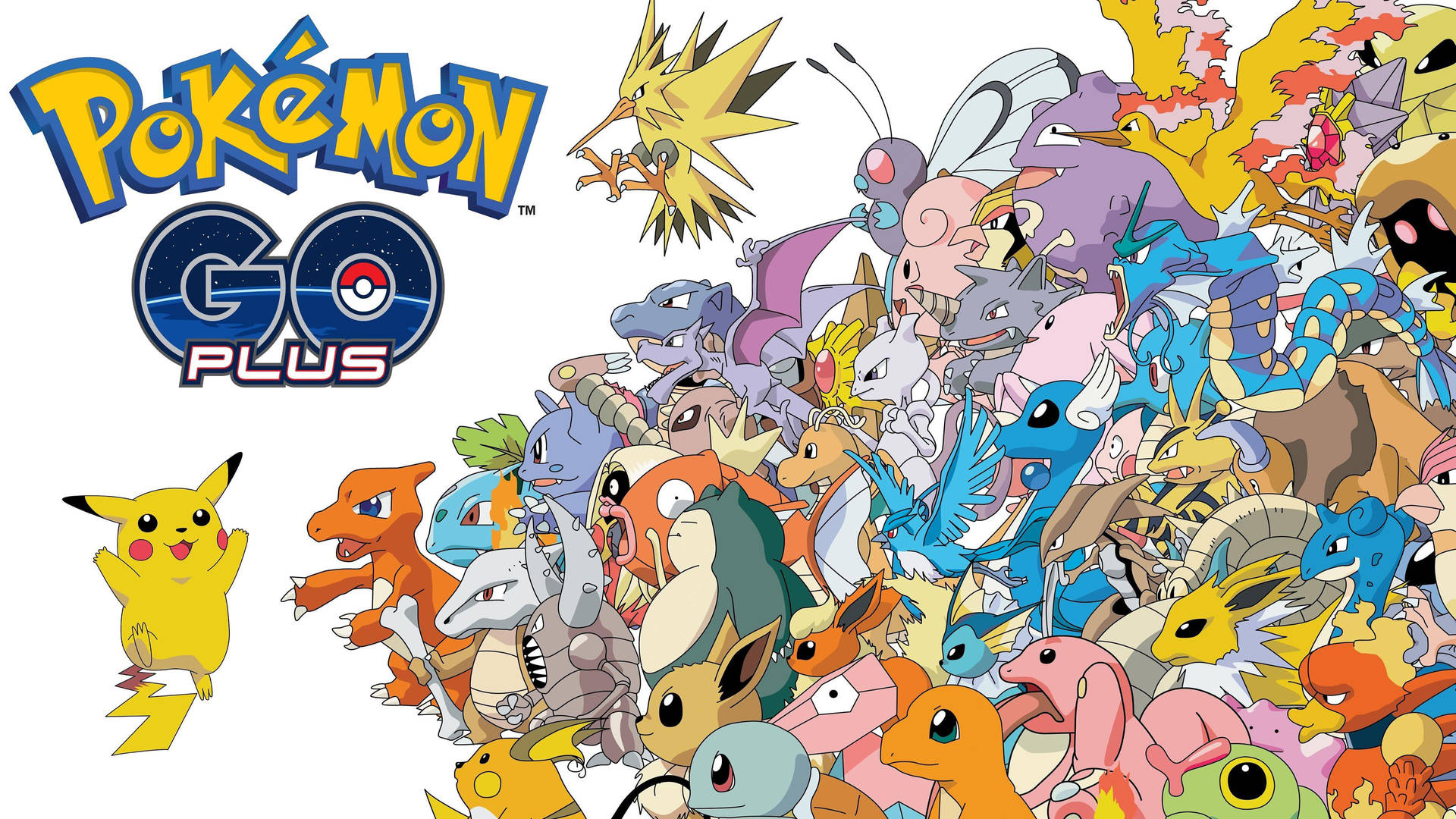 帶有皮卡丘和一群寶可夢角色的 Pokémon GO Plus 標誌。 — 4K 寵物小精靈壁紙 壁紙