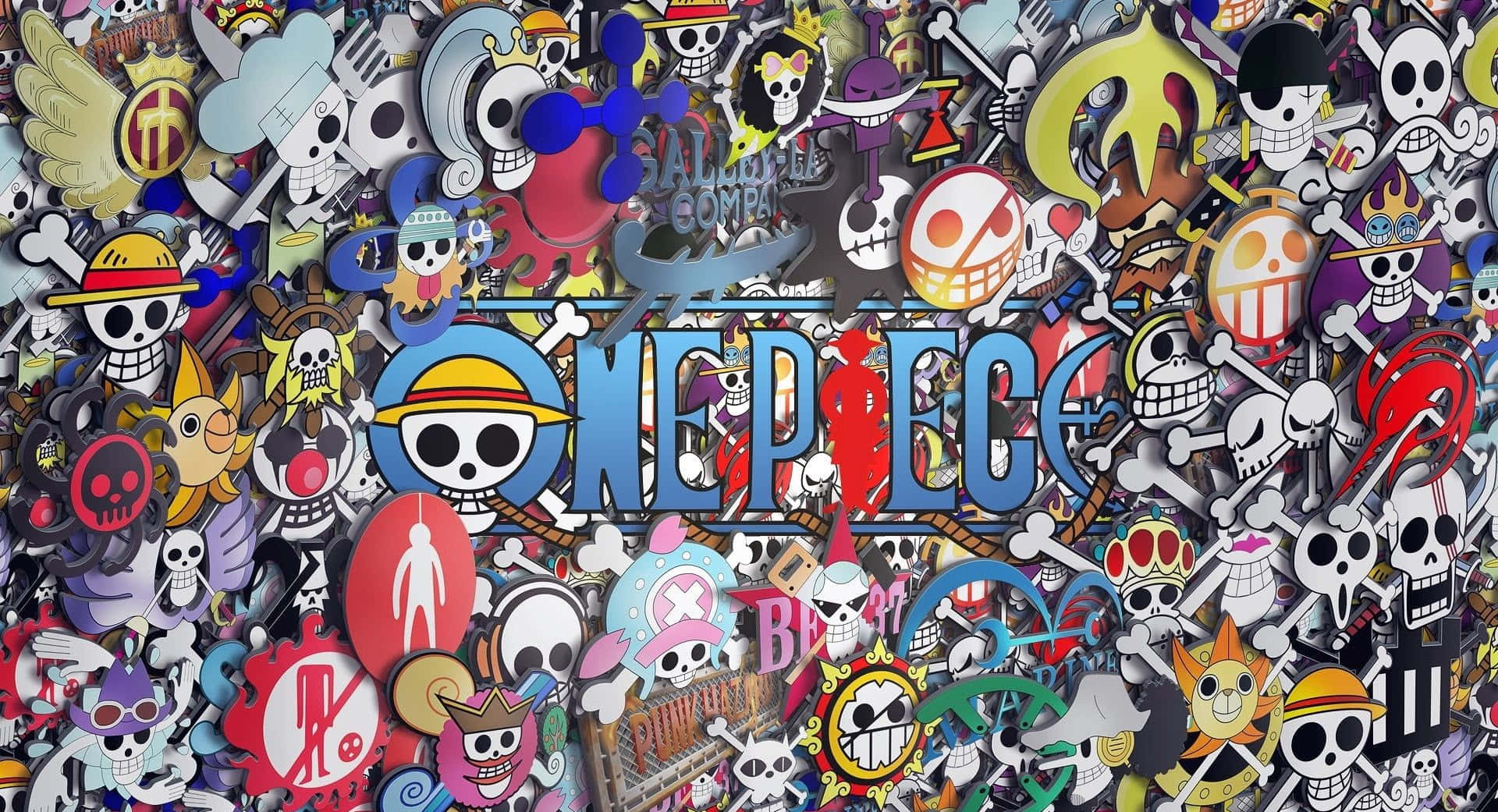 動漫 桌布 壁紙 — 一幅充滿活力的拼貼畫，將One Piece動畫角色和符號密集地排列在中央標誌周圍。