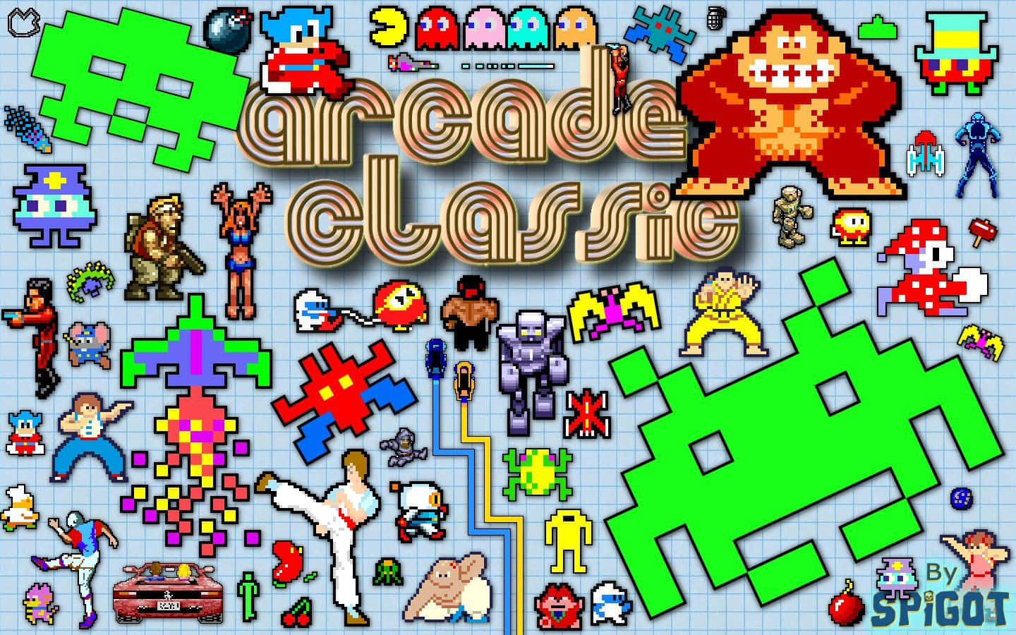arcade 桌布 壁紙 — 一幅充滿活力的拼貼畫，將經典街機遊戲角色和標誌排列在方格紙上，採用大膽的像素藝術風格。