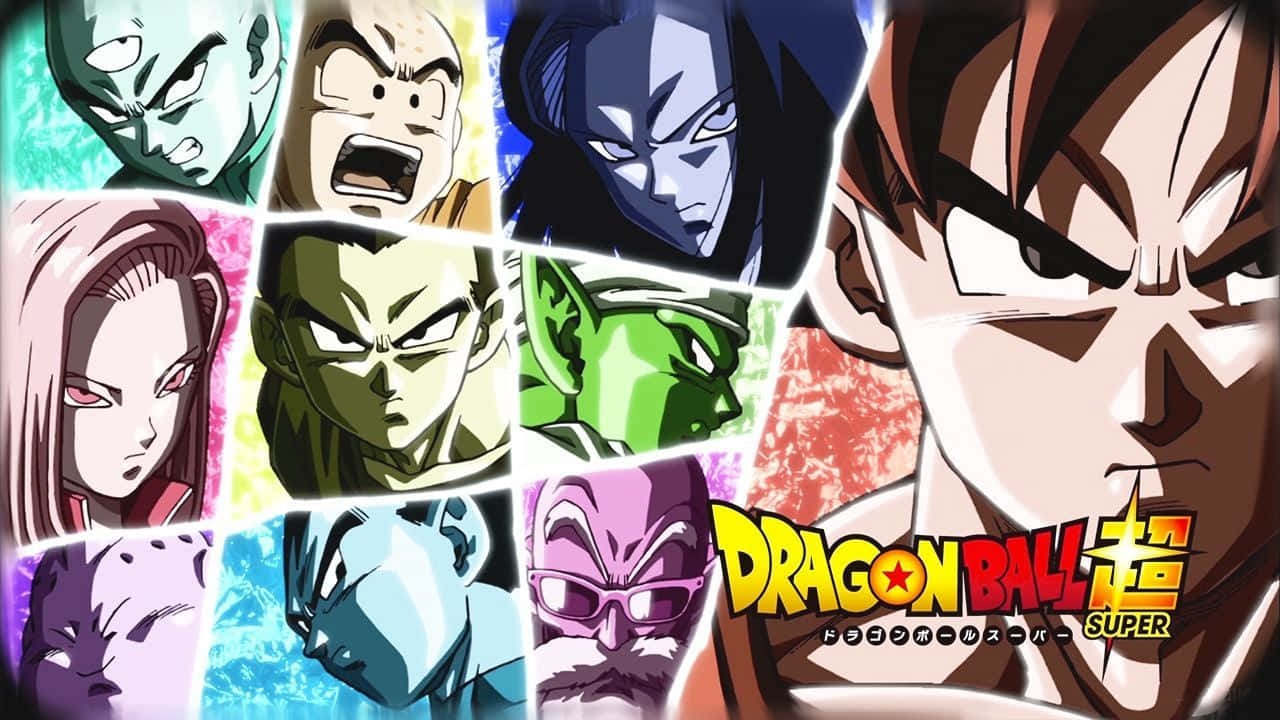 Tournament Of Power 桌布 壁紙 — 一幅充滿活力的拼貼畫，展現《七龍珠超》中強烈的動漫角色面孔，色彩大膽，表情動感十足。