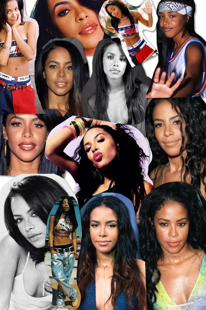 aaliyah 桌布 壁紙 — 一幅充滿活力的拼貼畫，展現不同女性在不同風格和時代中的大膽時尚姿態和富有表現力的造型。