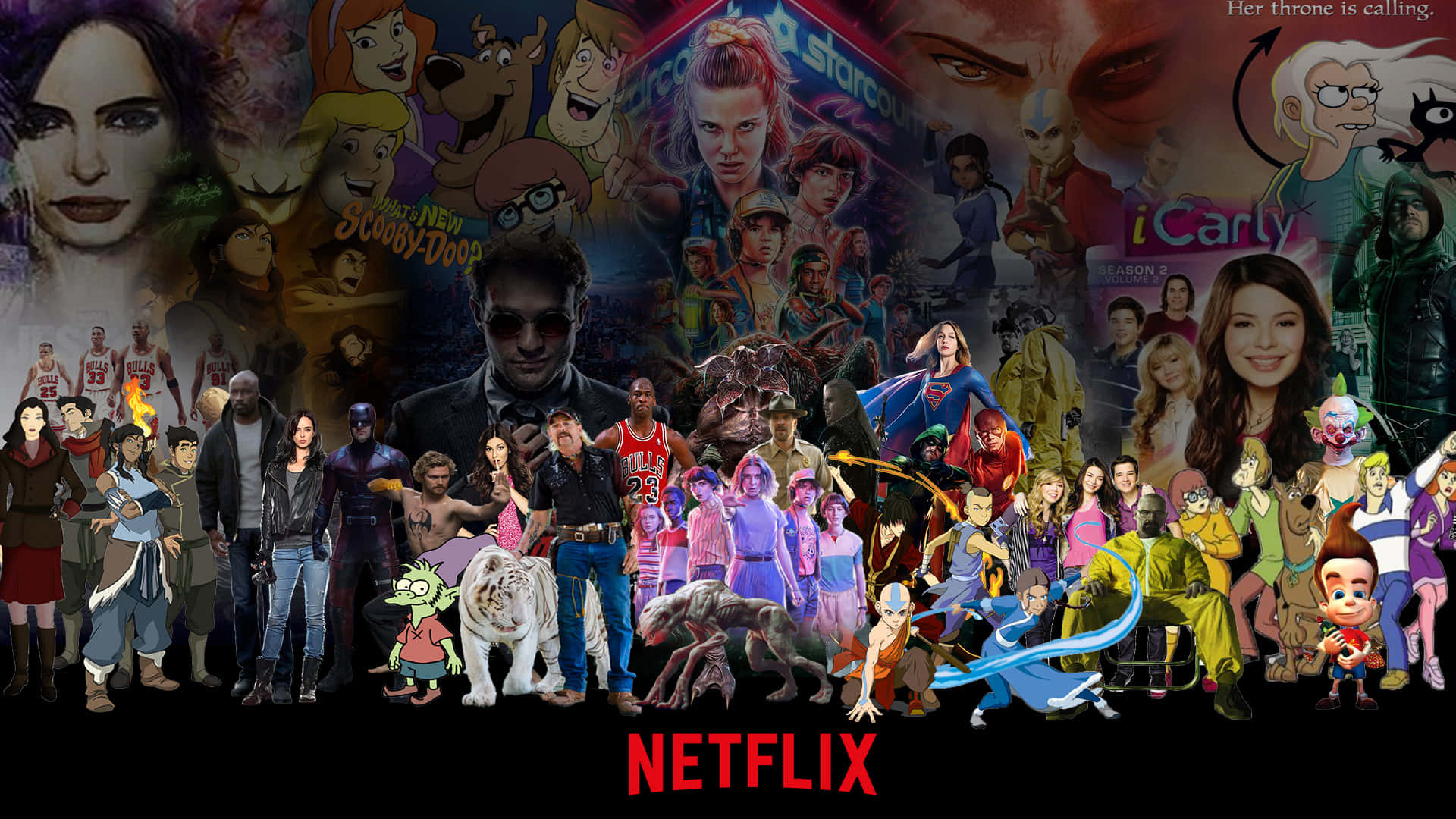 Netflix 桌布 壁紙 — 一幅充滿活力的拼貼畫，展現來自不同類型和時代的標誌性 Netflix 角色，在深色背景上迸發出繽紛能量。