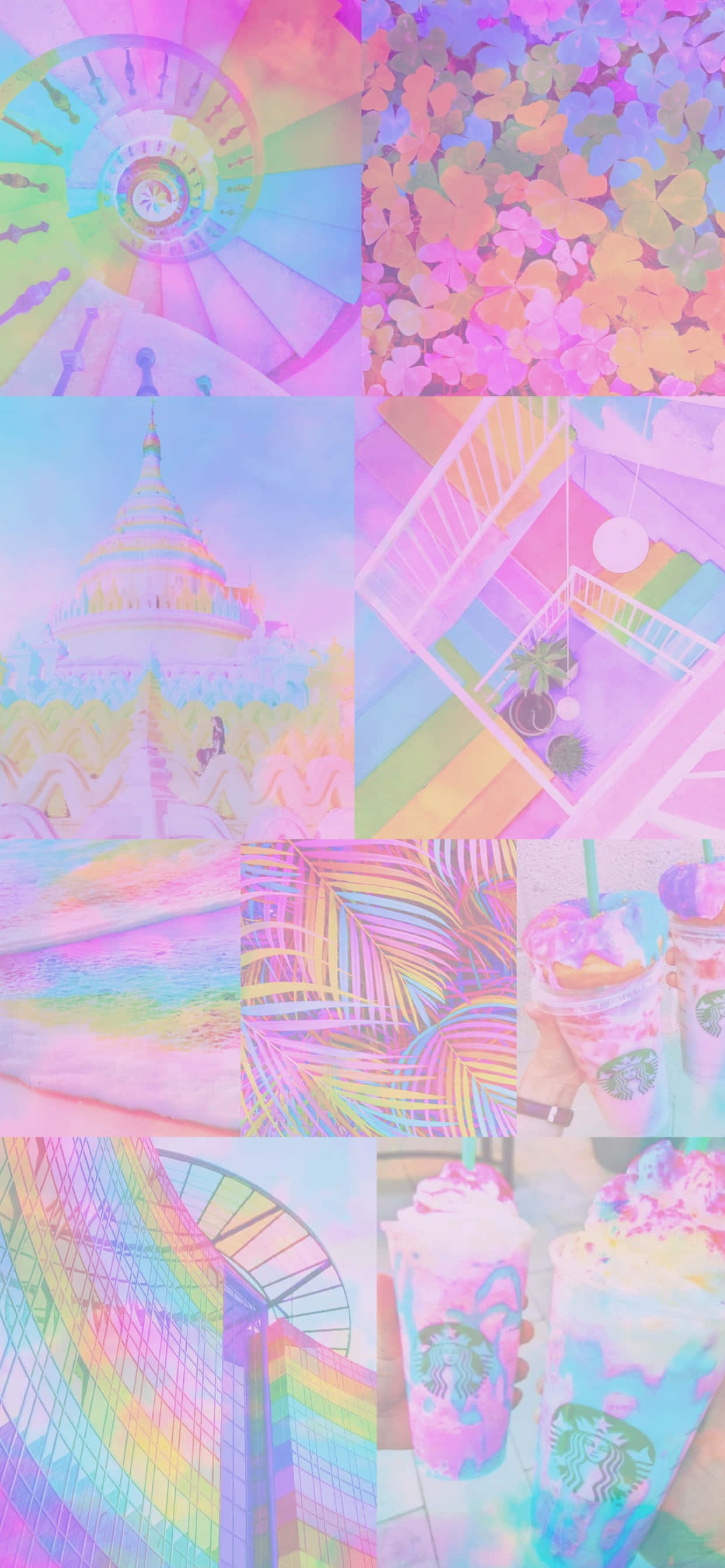 桌布 壁紙 — 一幅充滿活力的拼貼畫，展現彩虹色調的場景，包括寶塔、飲品和抽象圖案，背景是柔和的天色。