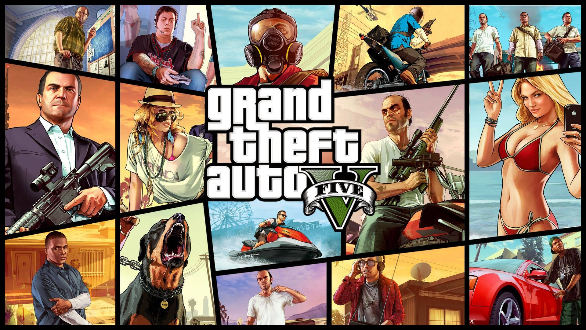 gta v 桌布 壁紙 — 一幅充滿活力的拼貼畫，展示《Grand Theft Auto V》角色在各種都市環境中的動作和休閒場景。