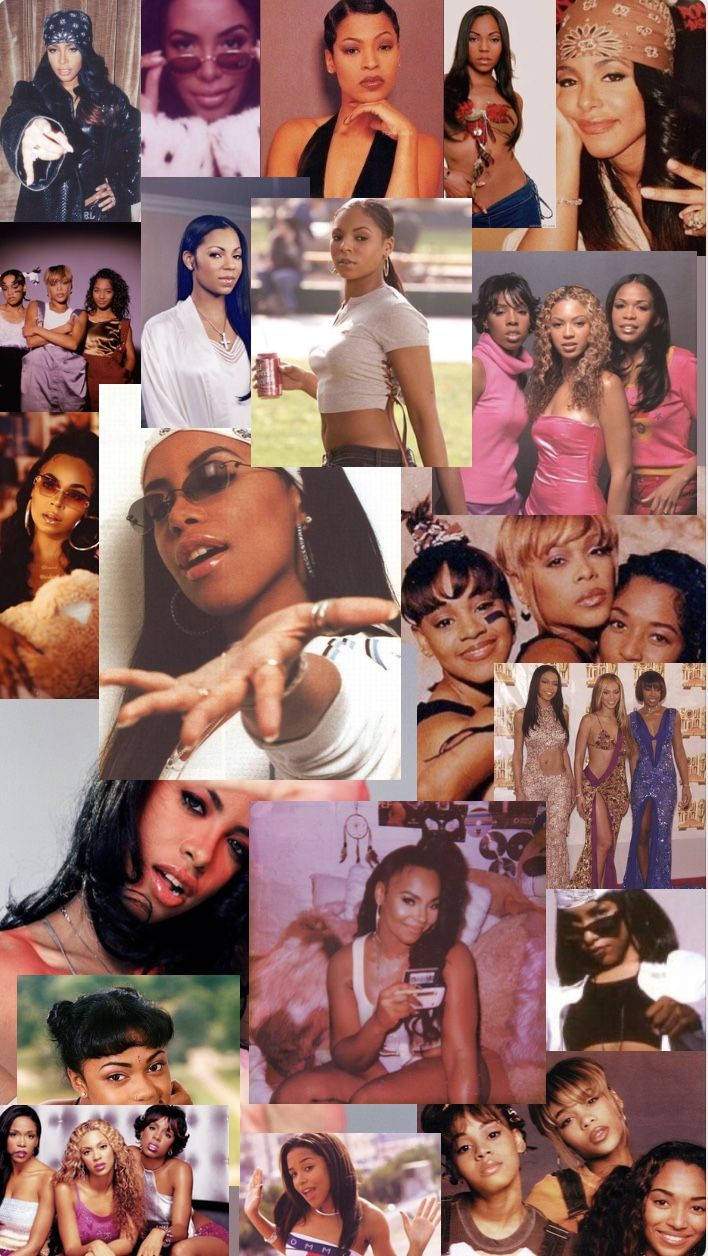 aaliyah 桌布 壁紙 — 一幅充滿活力的拼貼畫，展示2000年代R&B和嘻哈女藝人自信地擺出大膽服裝和富有表現力的姿勢。