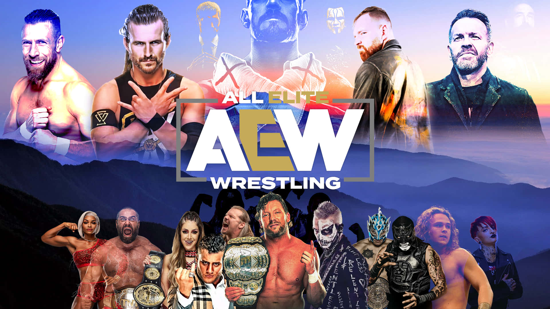 Aew 桌布 壁紙 — 一幅充滿活力的拼貼畫，展示All Elite Wrestling明星在日落山脈背景下與冠軍腰帶合影。