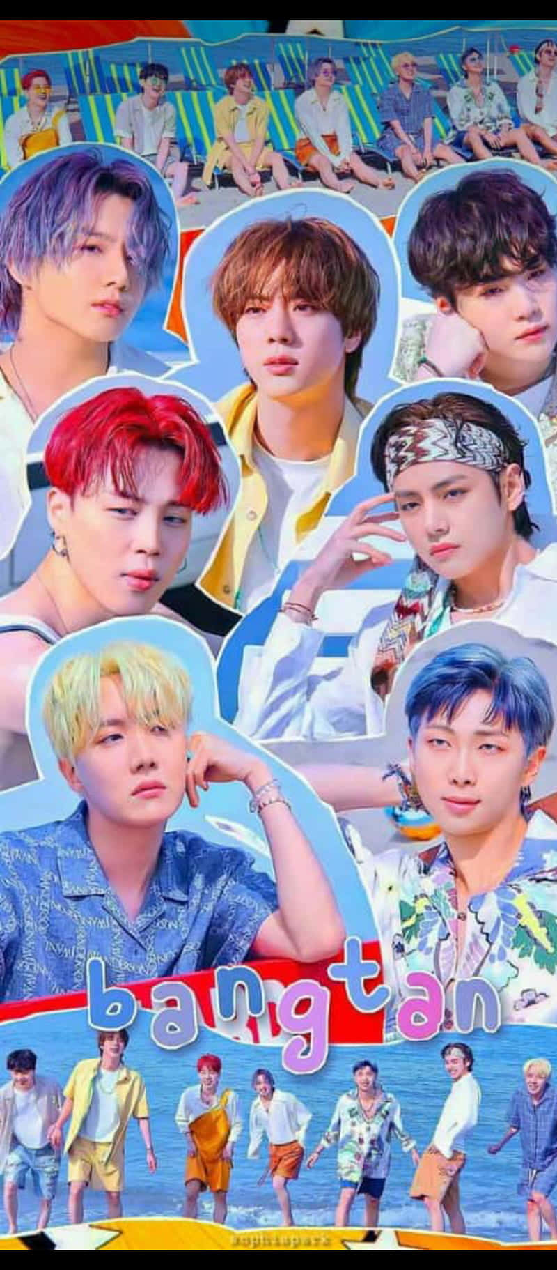 Bts Permission To Dance 桌布 壁紙 — 一幅充滿活力的拼貼畫，展示BTS成員穿著色彩繽紛的服裝，在明亮的沙灘和泳池背景下擺姿勢。