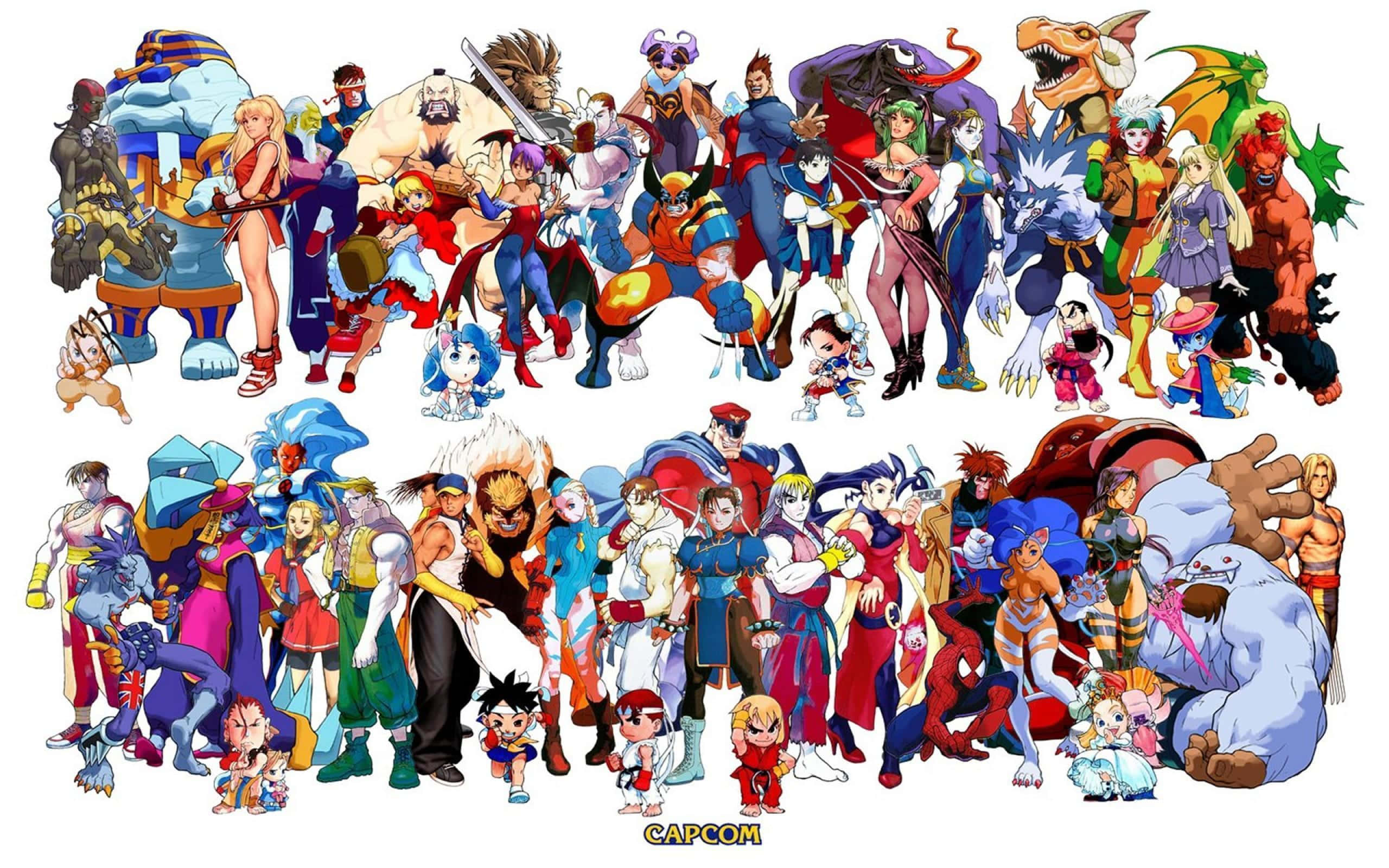 Fighting Games 桌布 壁紙 — 一幅充滿活力的拼貼畫，展示Capcom經典電子遊戲角色在純白背景上的動態姿勢。