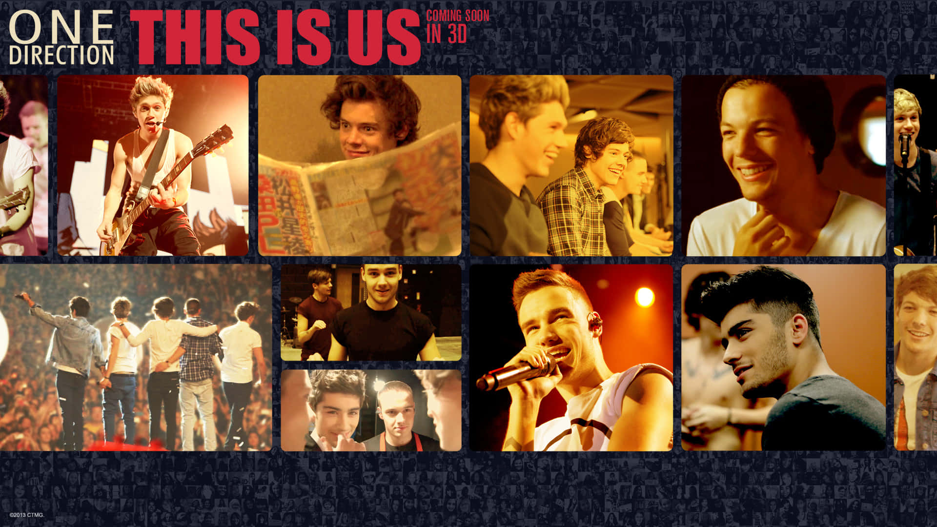 One Direction 桌布 壁紙 — 一幅充滿活力的拼貼畫，展示One Direction樂團成員在溫暖舞台燈光下的自然瞬間和表演時刻。