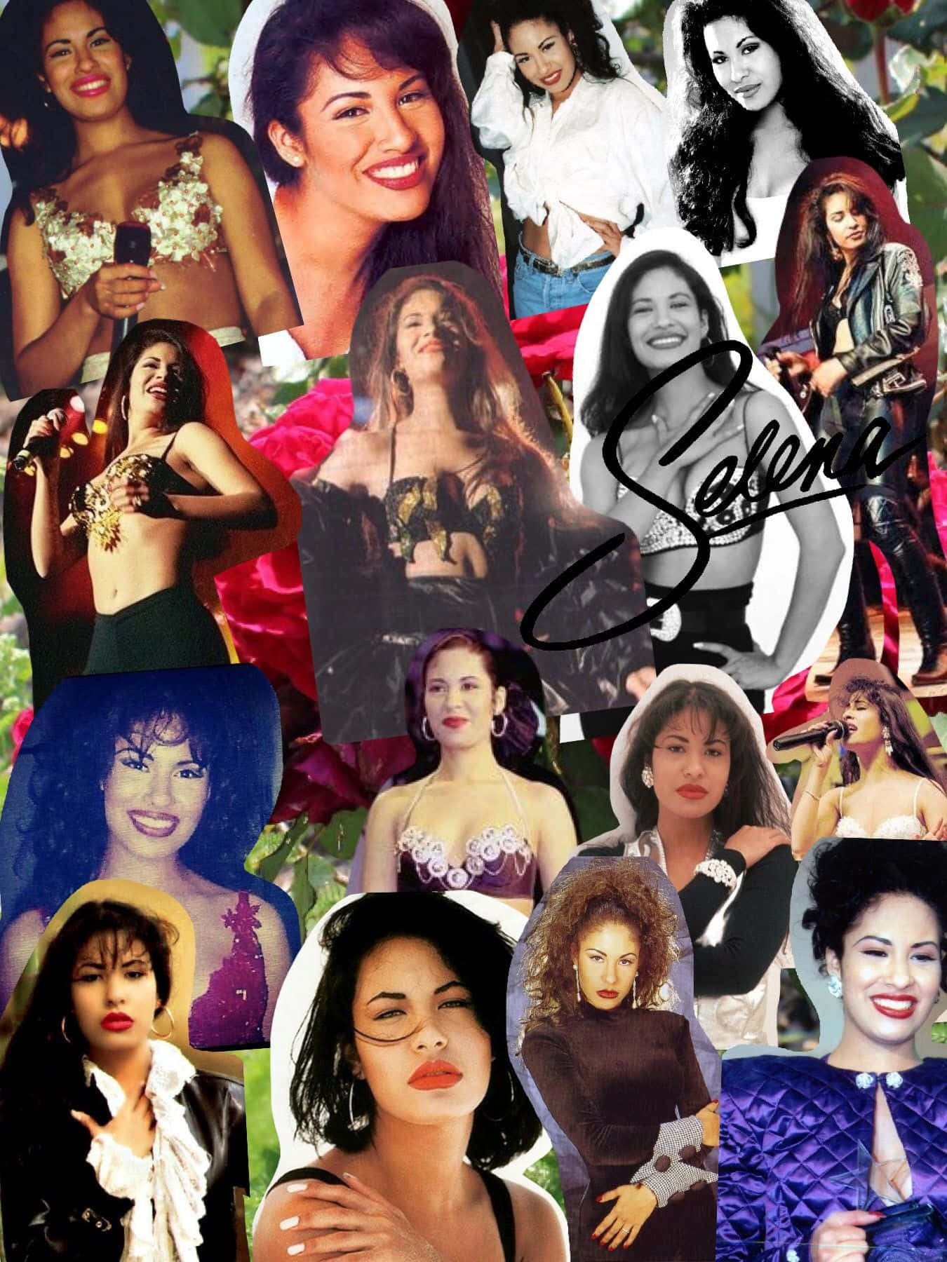 Selena Quintanilla iPhone 桌布 壁紙 — 一幅充滿活力的拼貼畫，展示Selena Quintanilla穿著各種標誌性服裝和姿勢，背景為花卉圖案。
