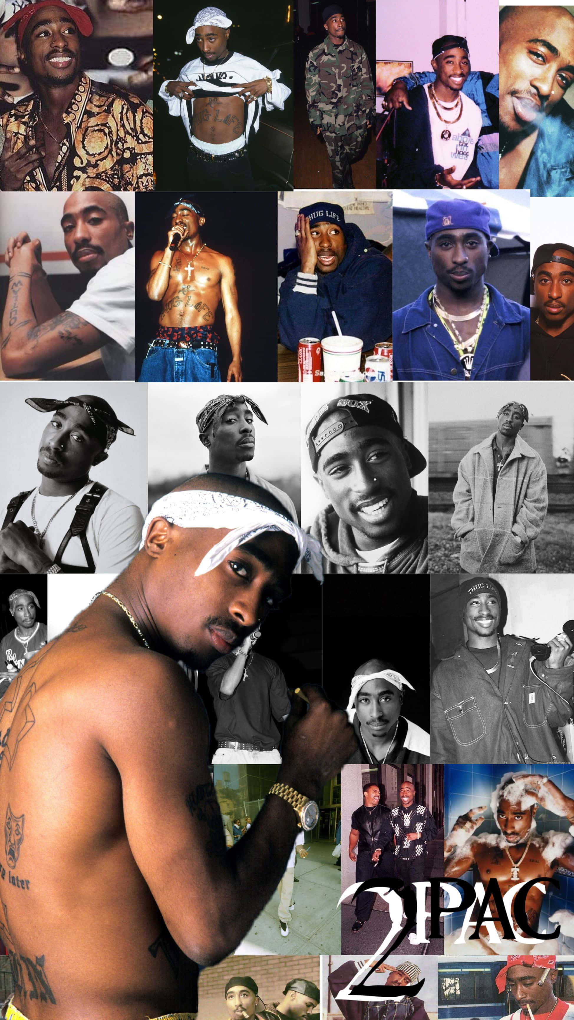 Tupac iPhone 桌布 壁紙 — 一幅充滿活力的拼貼畫，展示Tupac Shakur在不同場景和時代中的各種標誌性姿勢和服裝。