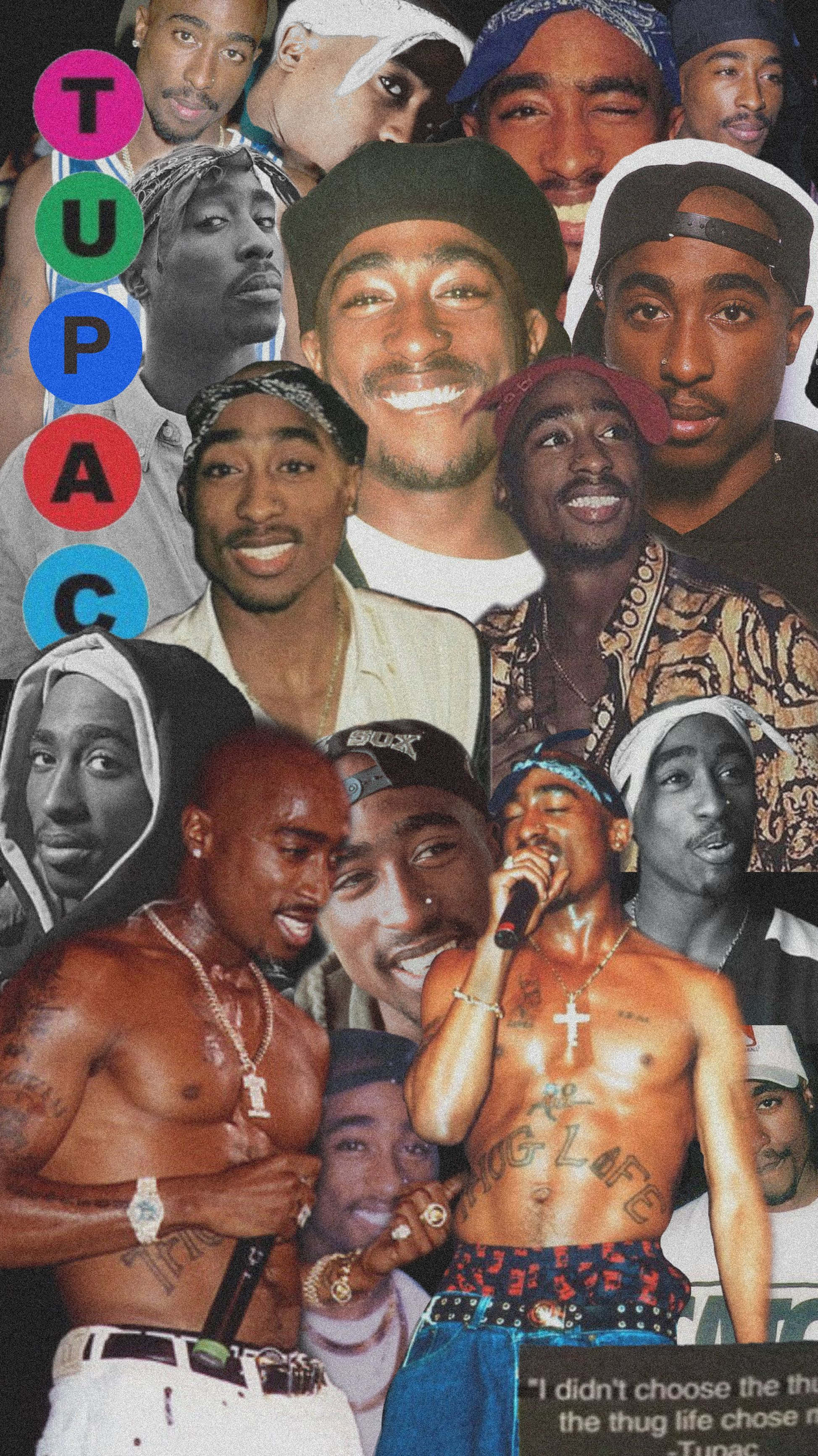 Tupac iPhone 桌布 壁紙 — 一幅充滿活力的拼貼畫，展示Tupac Shakur的多種標誌性姿勢和服裝，他的名字以垂直方式拼寫在彩色圓圈中。