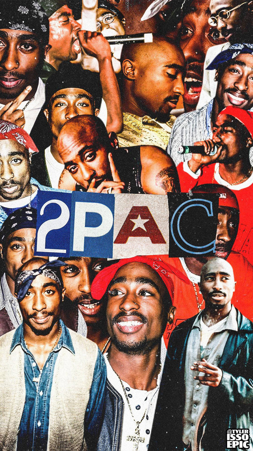 tupac 桌布 壁紙 — 一幅充滿活力的拼貼畫，展示Tupac Shakur的標誌性肖像和姿勢，圍繞著他的「2PAC」標誌。