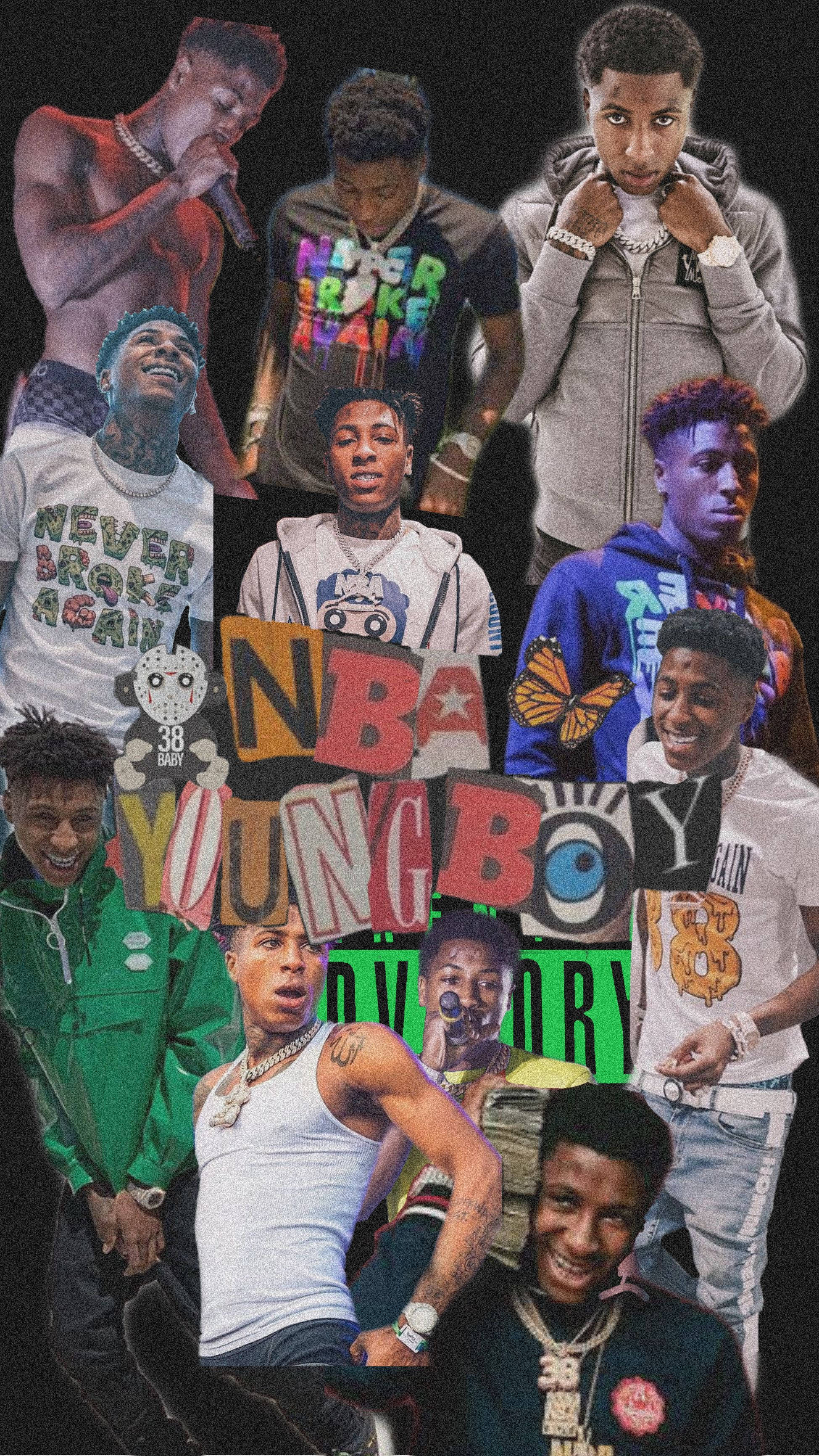 背景 桌布 壁紙 — 一幅充滿活力的拼貼畫，展示YoungBoy Never Broke Again在深色背景前的各種姿勢和服裝。