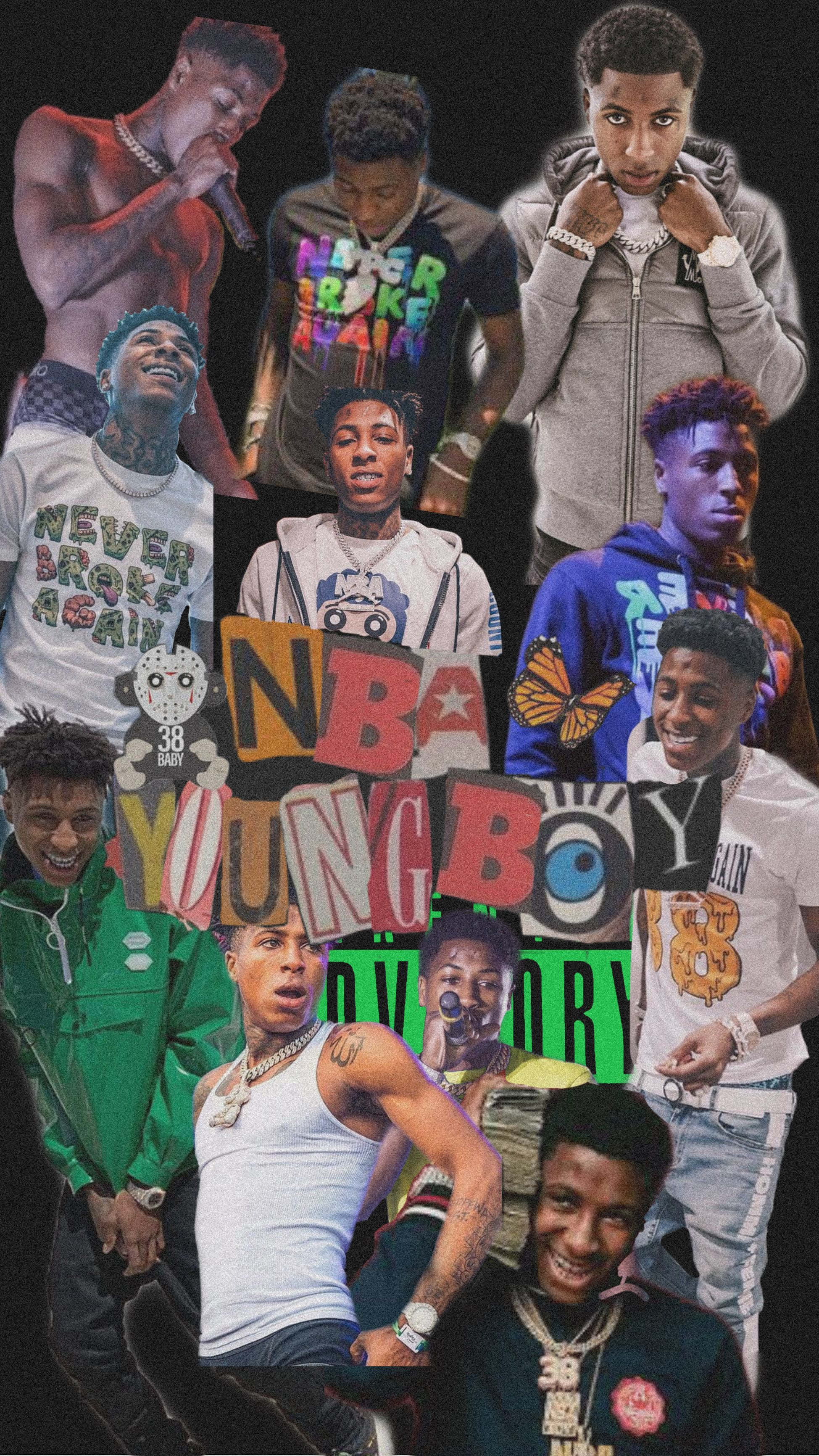 NBA YoungBoy 桌布 壁紙 — 一幅充滿活力的拼貼畫，展示YoungBoy Never Broke Again在深色背景上的各種姿勢和服裝。