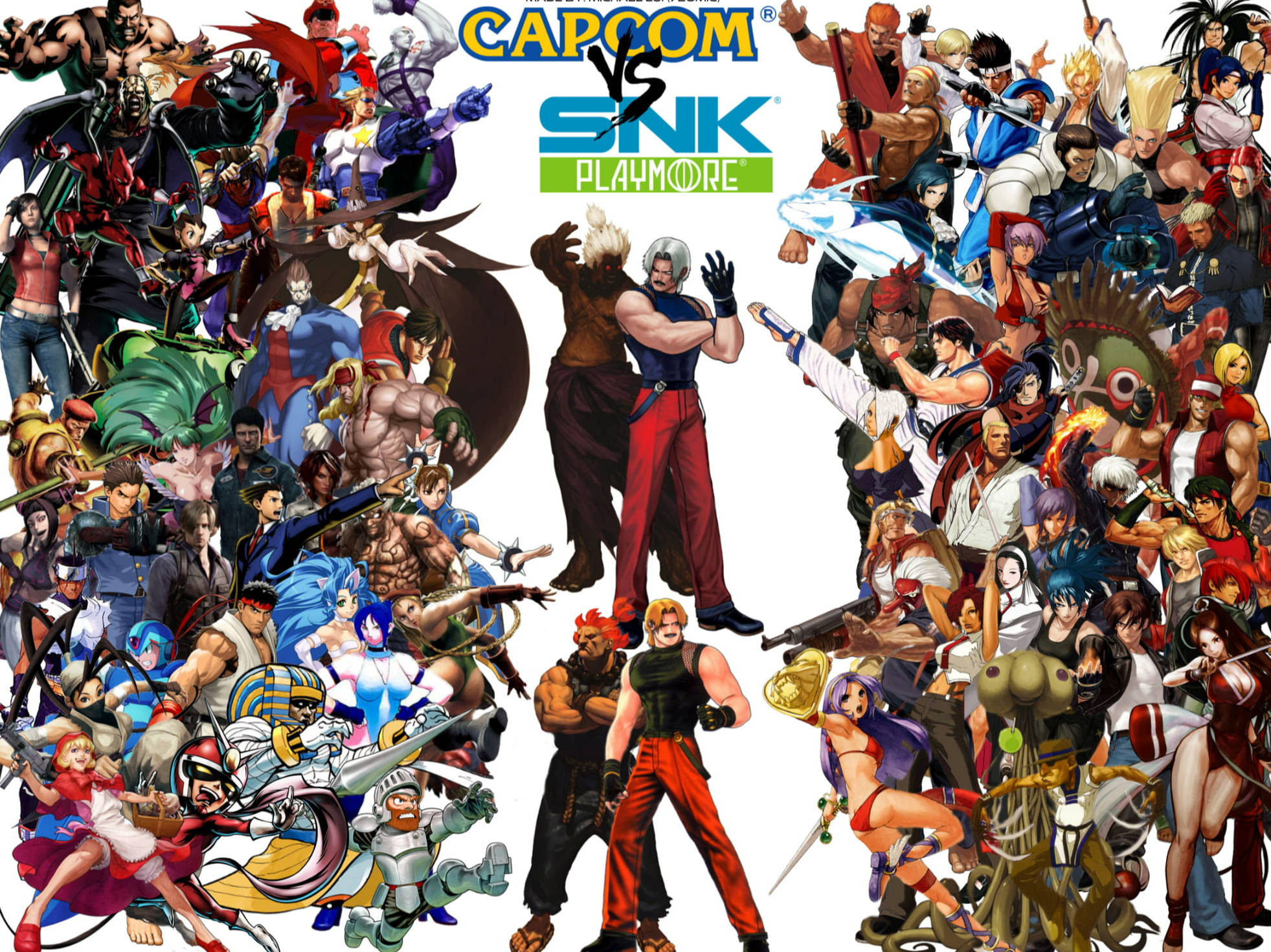 Capcom 桌布 壁紙 — 一幅充滿活力的拼貼畫，展示了 Capcom 和 SNK 標誌性格鬥遊戲角色在白色背景上的動態姿勢。