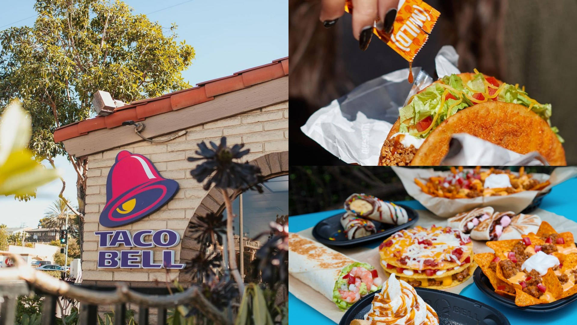 塔可鐘 桌布 壁紙 — 一幅充滿活力的拼貼畫，展示了 Taco Bell 餐廳的外觀以及各種色彩繽紛的快餐食品，如玉米餅、玉米片和捲餅。