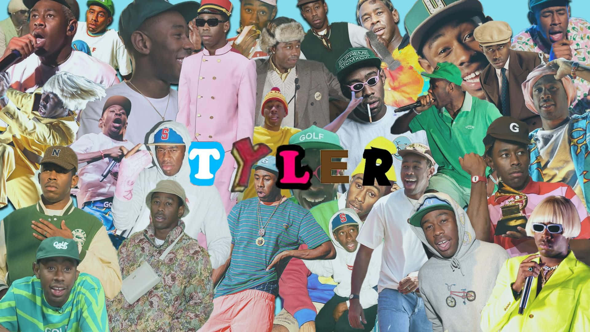 造物主泰勒 桌布 壁紙 — 一幅充滿活力的拼貼畫，展示了 Tyler, The Creator 穿著各種色彩繽紛的服裝和姿勢，中央有粗體「TYLER」文字。