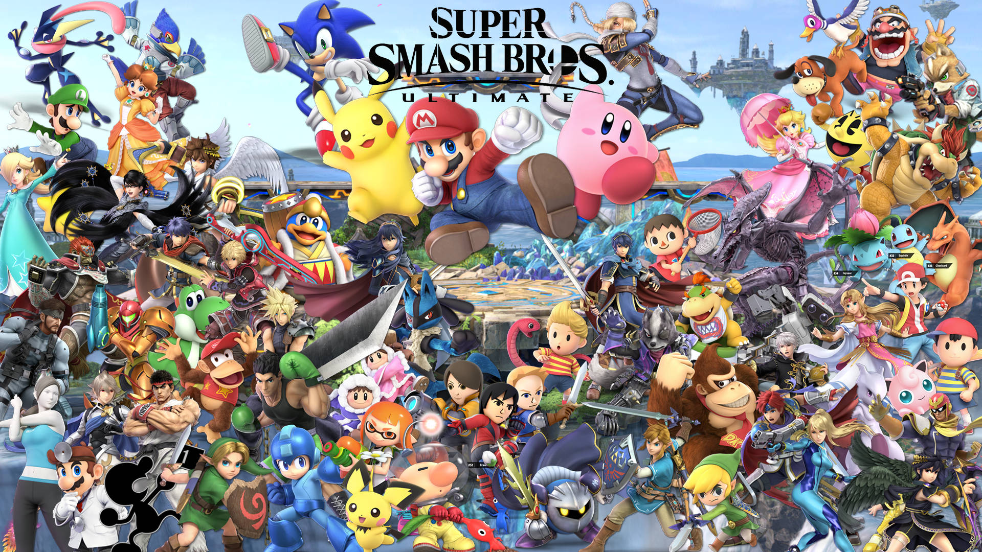 Smash Bros Ultimate 桌布 壁紙 — 一幅充滿活力的拼貼畫，展示了《任天堂明星大亂鬥 特別版》中的標誌性電子遊戲角色，在明亮的天空背景下動態擺姿勢。