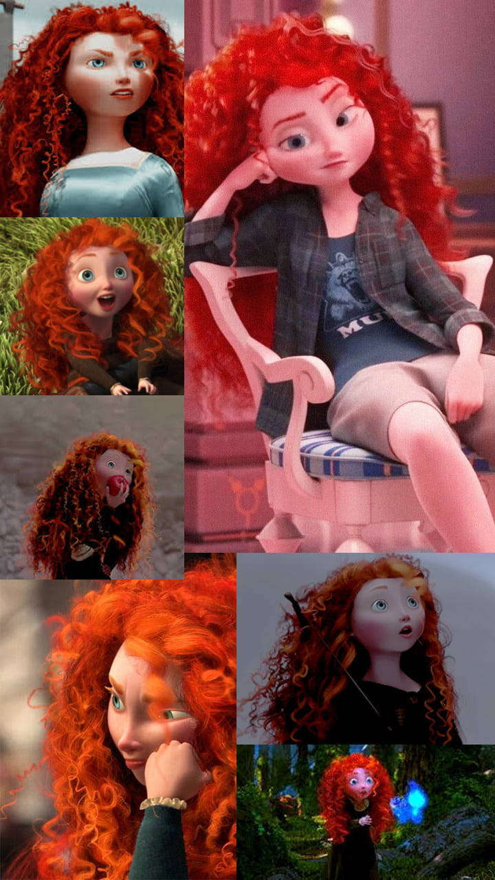 Disney Brave 桌布 壁紙 — 一幅充滿活力的拼貼畫，展示了《勇敢傳說》中梅莉達的各種表情姿勢和服裝，突顯她火紅的捲髮和動畫魅力。