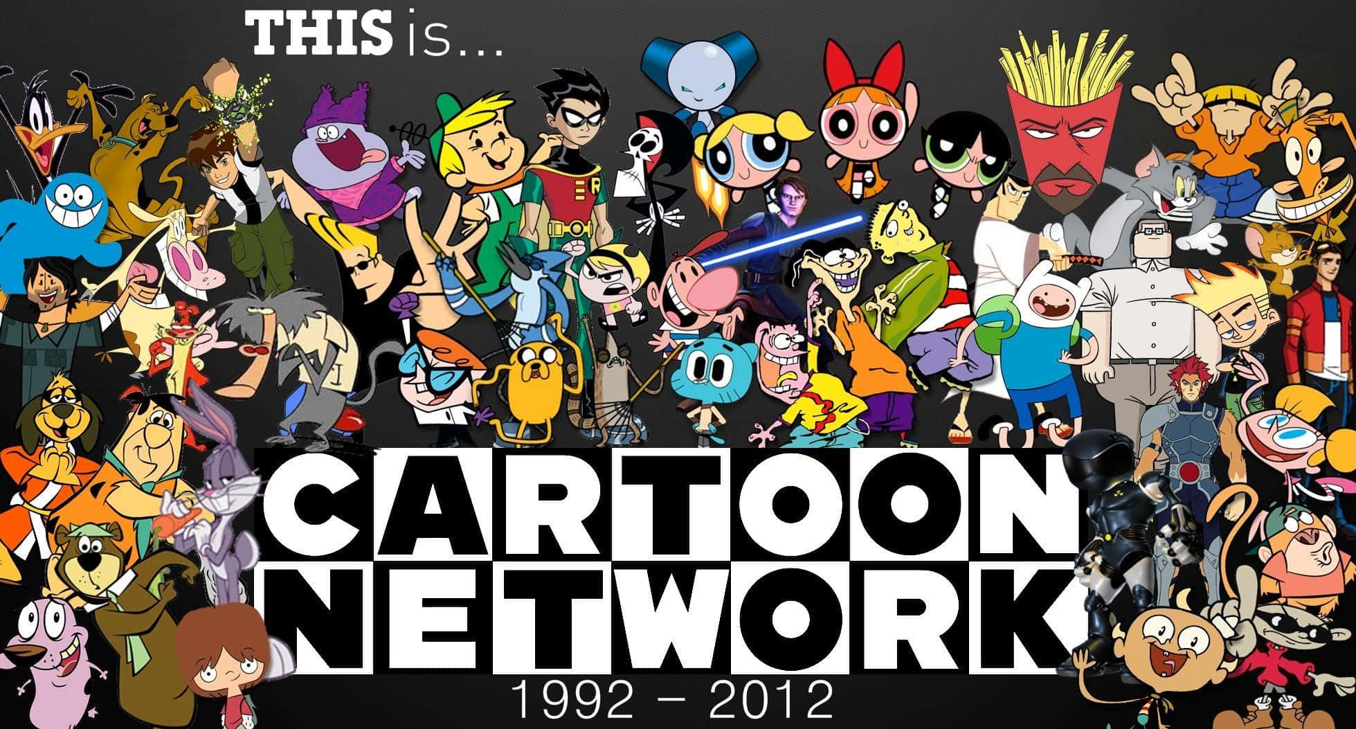 Cartoon Poster 桌布 壁紙 — 一幅充滿活力的拼貼畫，展示了1992年至2012年間Cartoon Network的標誌性動畫角色圍繞著該網絡的標誌。