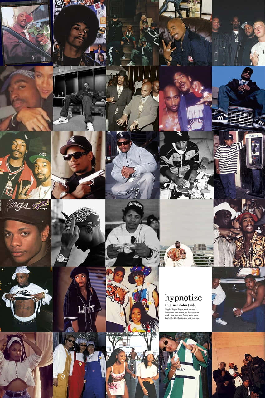 Rapper Collage 桌布 壁紙 — 一幅充滿活力的拼貼畫，展示了90年代標誌性嘻哈藝術家在都市環境中的自然和擺拍瞬間。