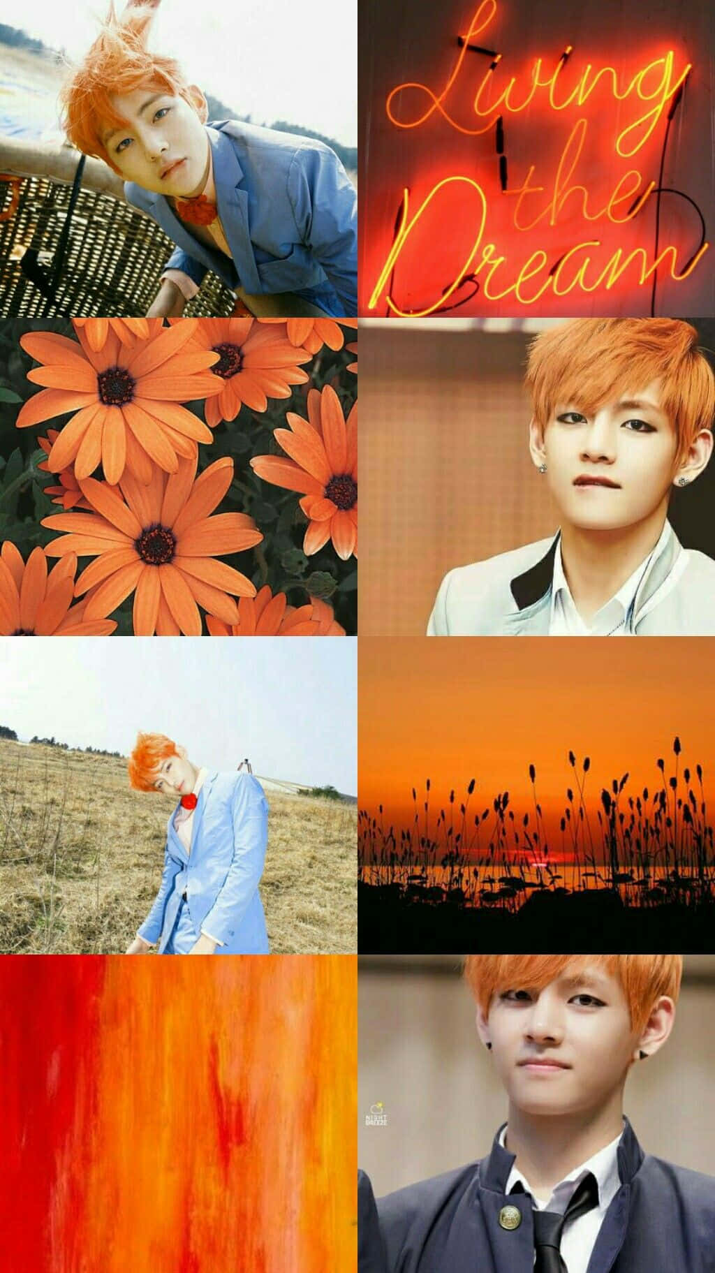 Taehyung Cute 桌布 壁紙 — 一幅充滿活力的拼貼畫，展示了一位橙髮年輕男子的各種姿勢、橙色花朵、霓虹燈招牌和日落剪影。