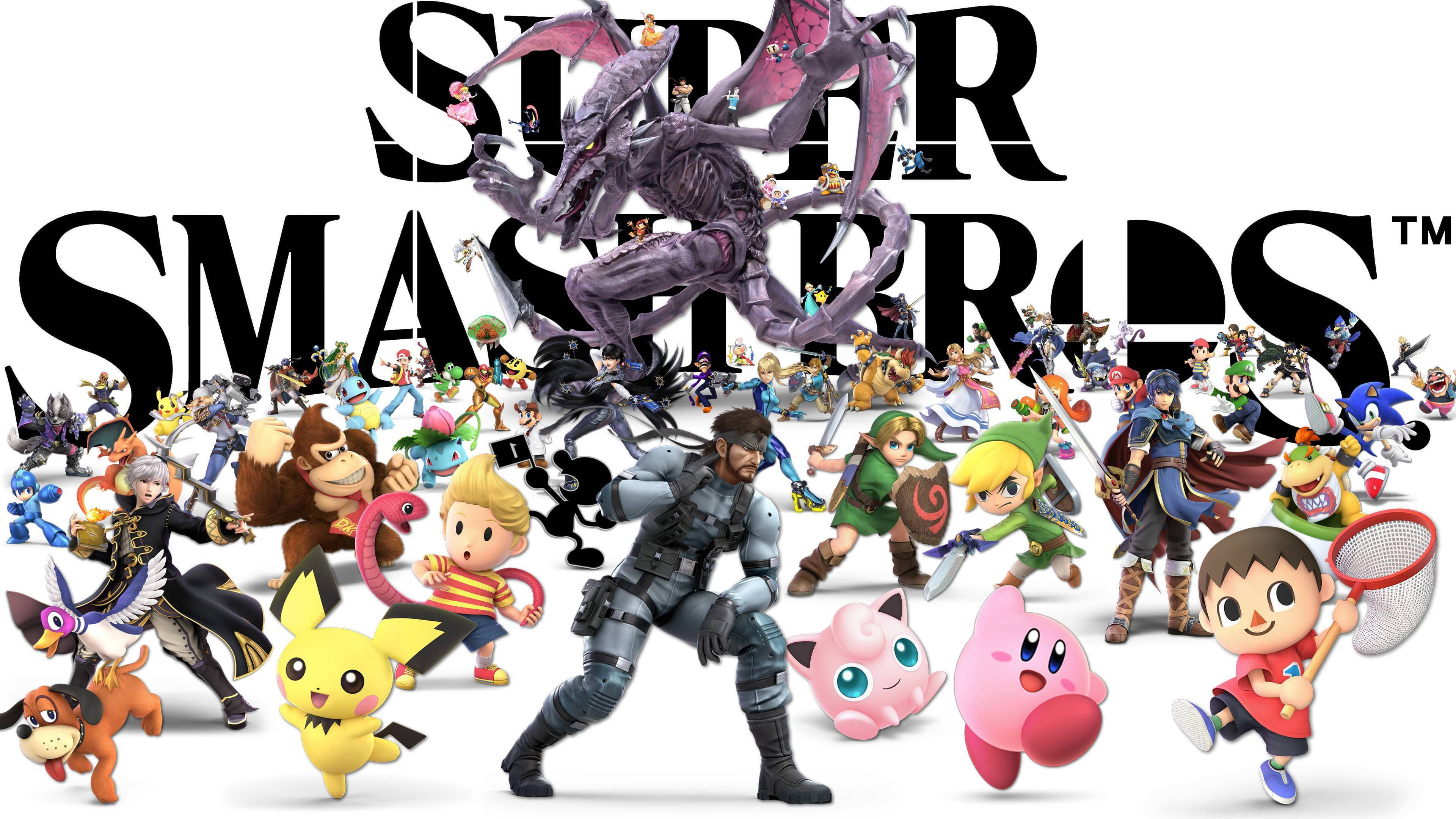 Smash Bros Ultimate 桌布 壁紙 — 一幅充滿活力的拼貼畫，展示了來自《任天堂明星大亂鬥》的標誌性電子遊戲角色，包括皮卡丘、卡比和林克，在純白背景下動態擺姿勢。