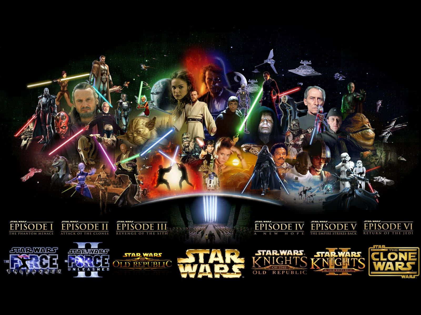Star Wars Characters 桌布 壁紙 — 一幅充滿活力的拼貼畫，展示了來自不同集數和系列的星際大戰角色和飛船，背景是繁星點點的太空。