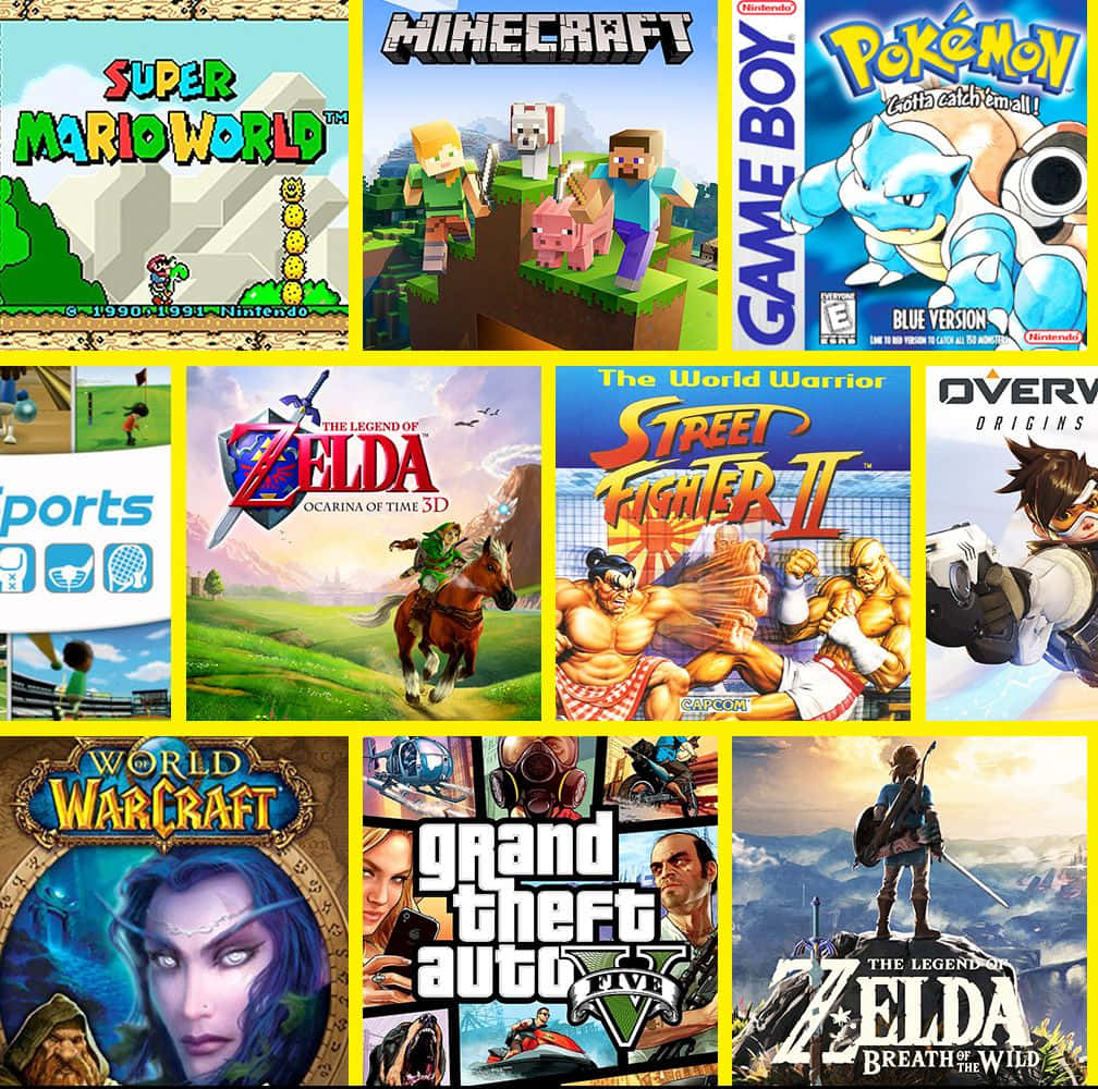 games 桌布 壁紙 — 一幅充滿活力的拼貼畫，展示了來自不同時代和類型的標誌性電子遊戲封面，包括瑪利歐、薩爾達和街頭霸王。