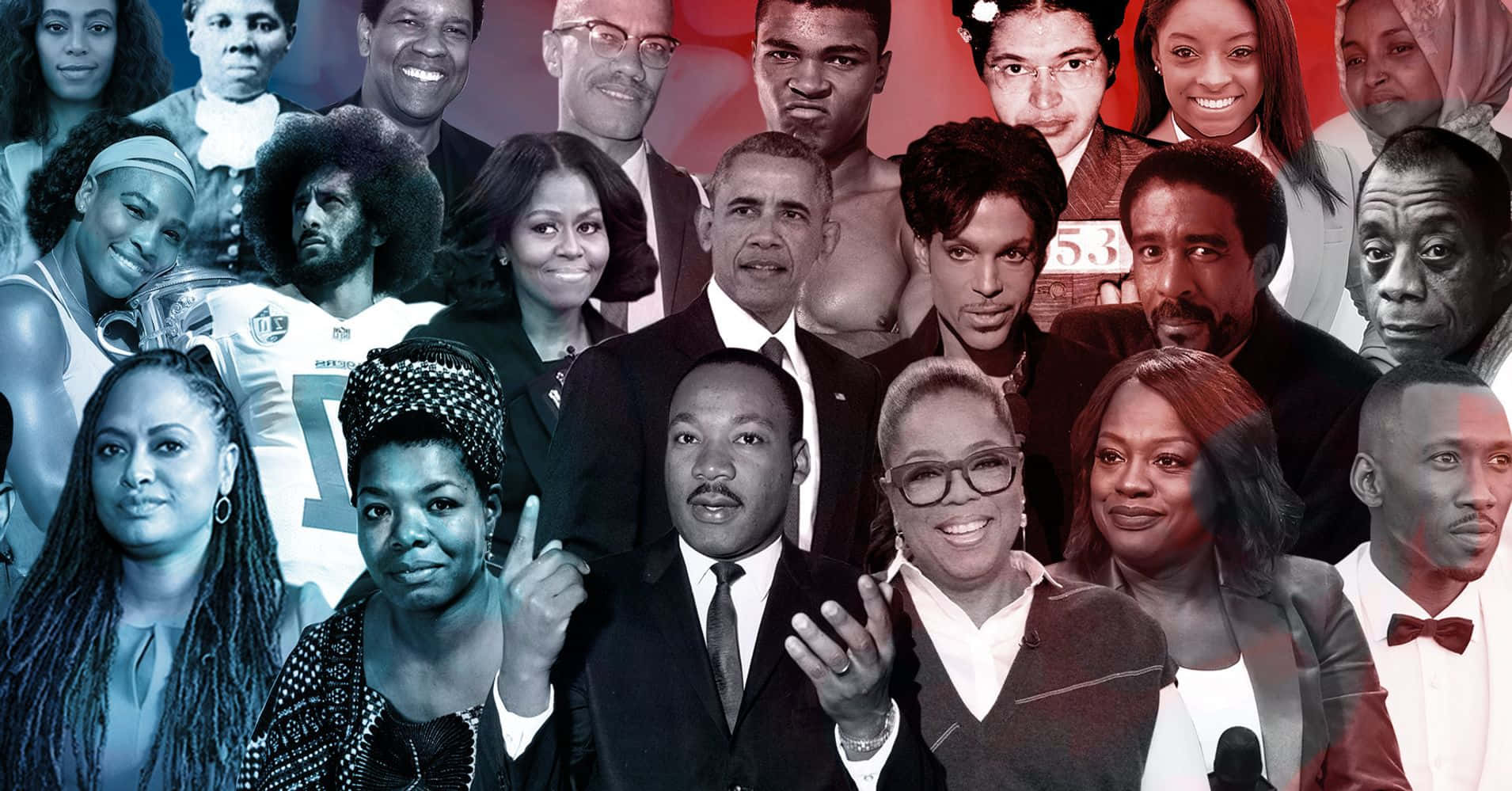 Black Culture 桌布 壁紙 — 一幅充滿活力的拼貼畫，展示了包括馬丁·路德·金、奧普拉·溫弗瑞和王子在內的有影響力的非裔美國人偶像，背景為大膽的紅藍漸變色。